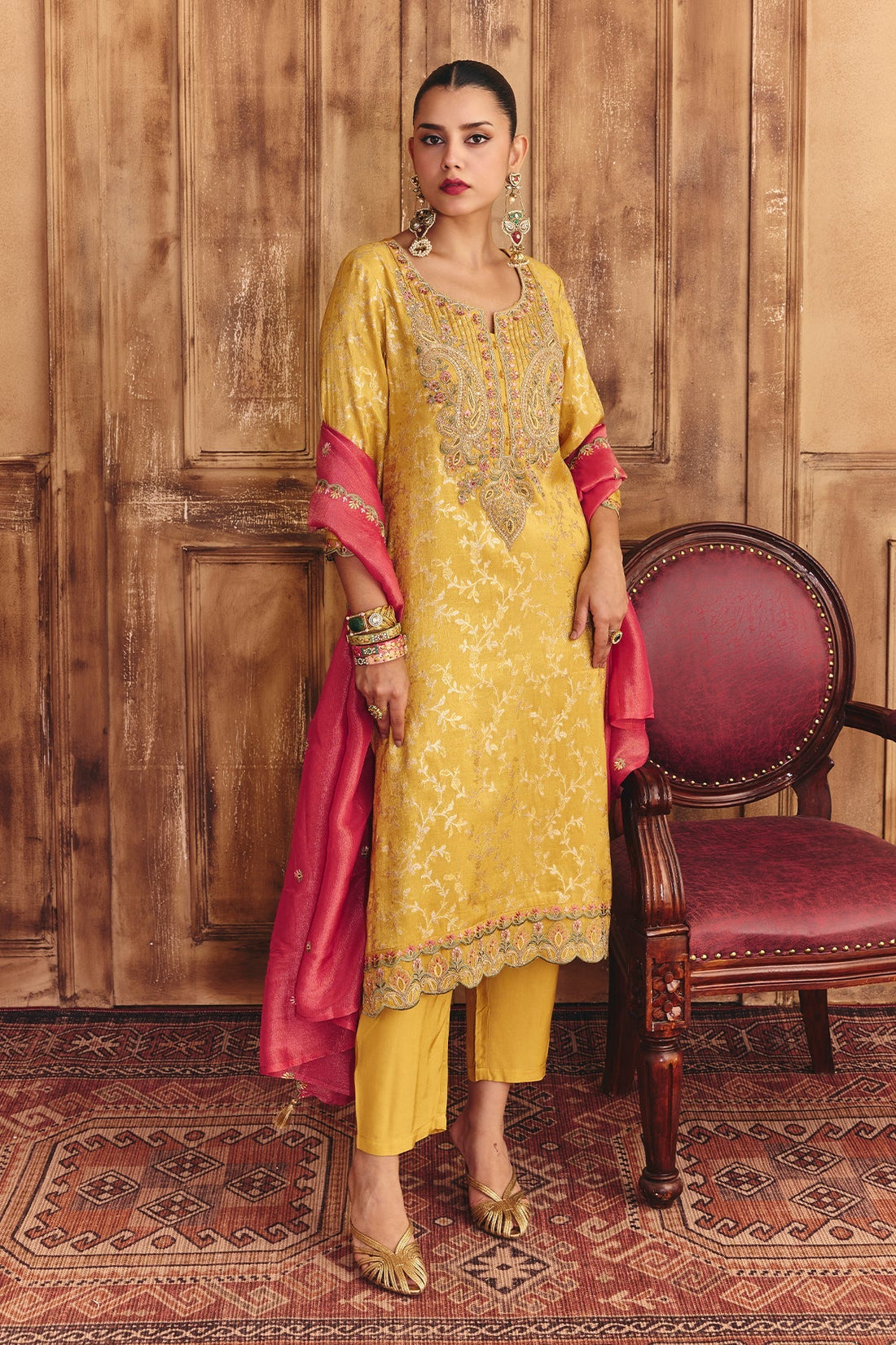 Mustard Embroidered Kurta 3 Pcs Set