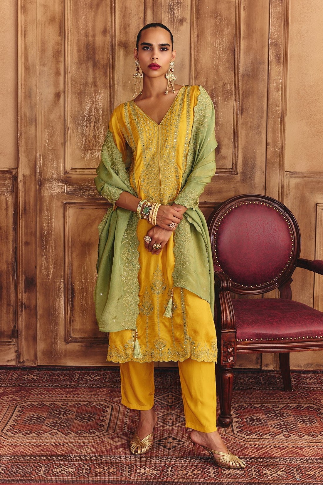 Mustard Embroidered Kurta 3 Pcs Set