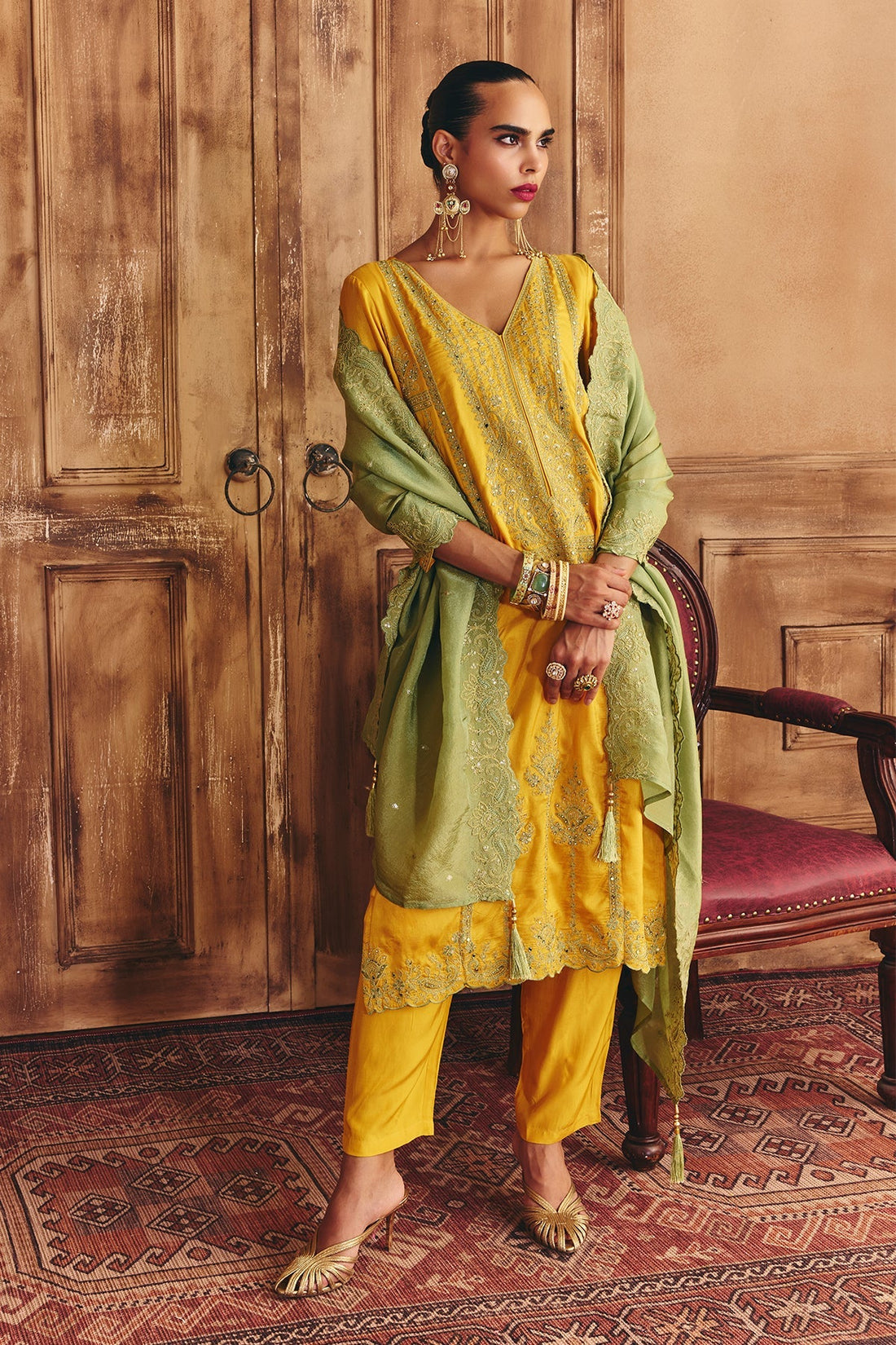 Mustard Embroidered Kurta 3 Pcs Set
