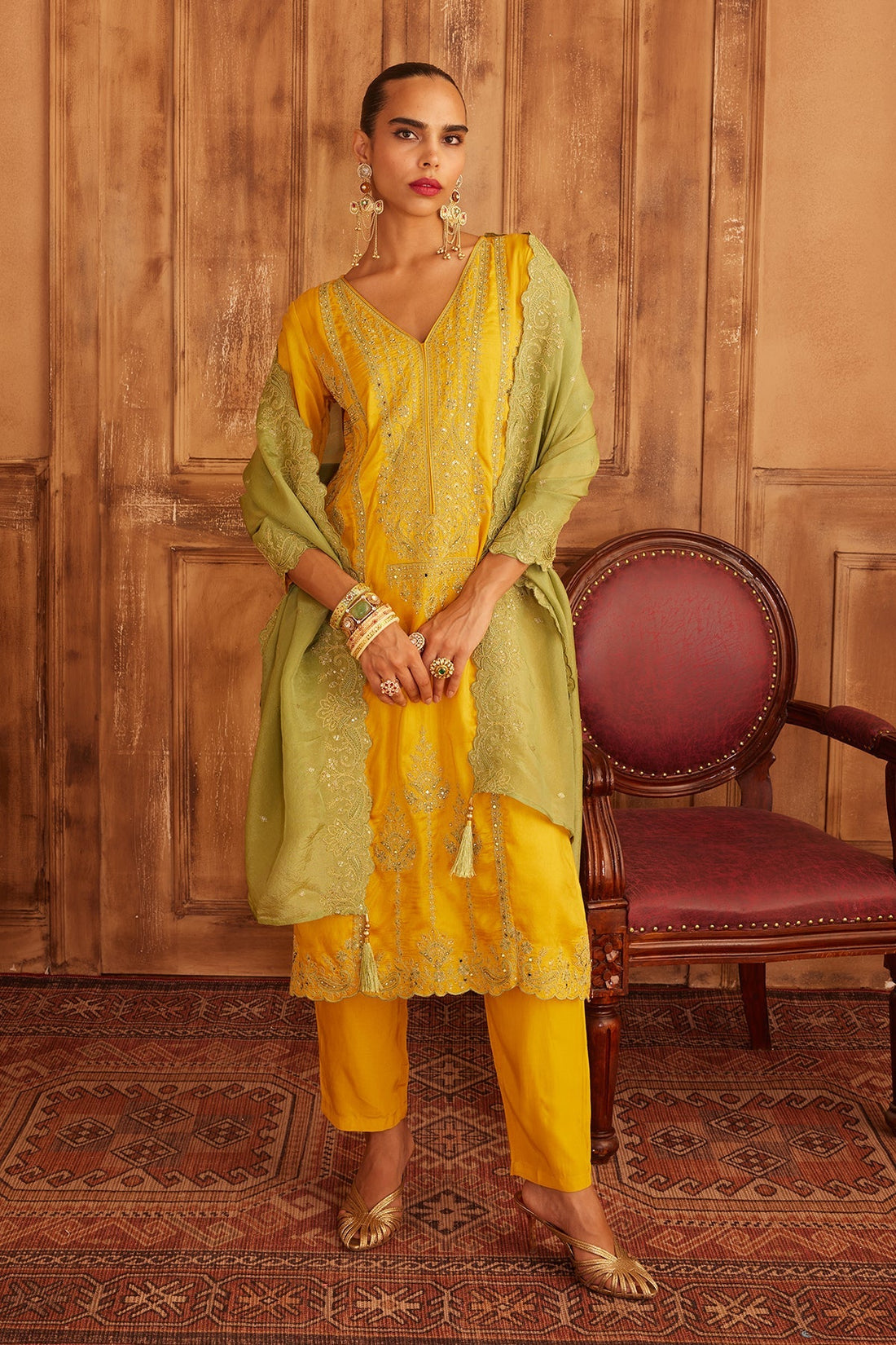 Mustard Embroidered Kurta 3 Pcs Set
