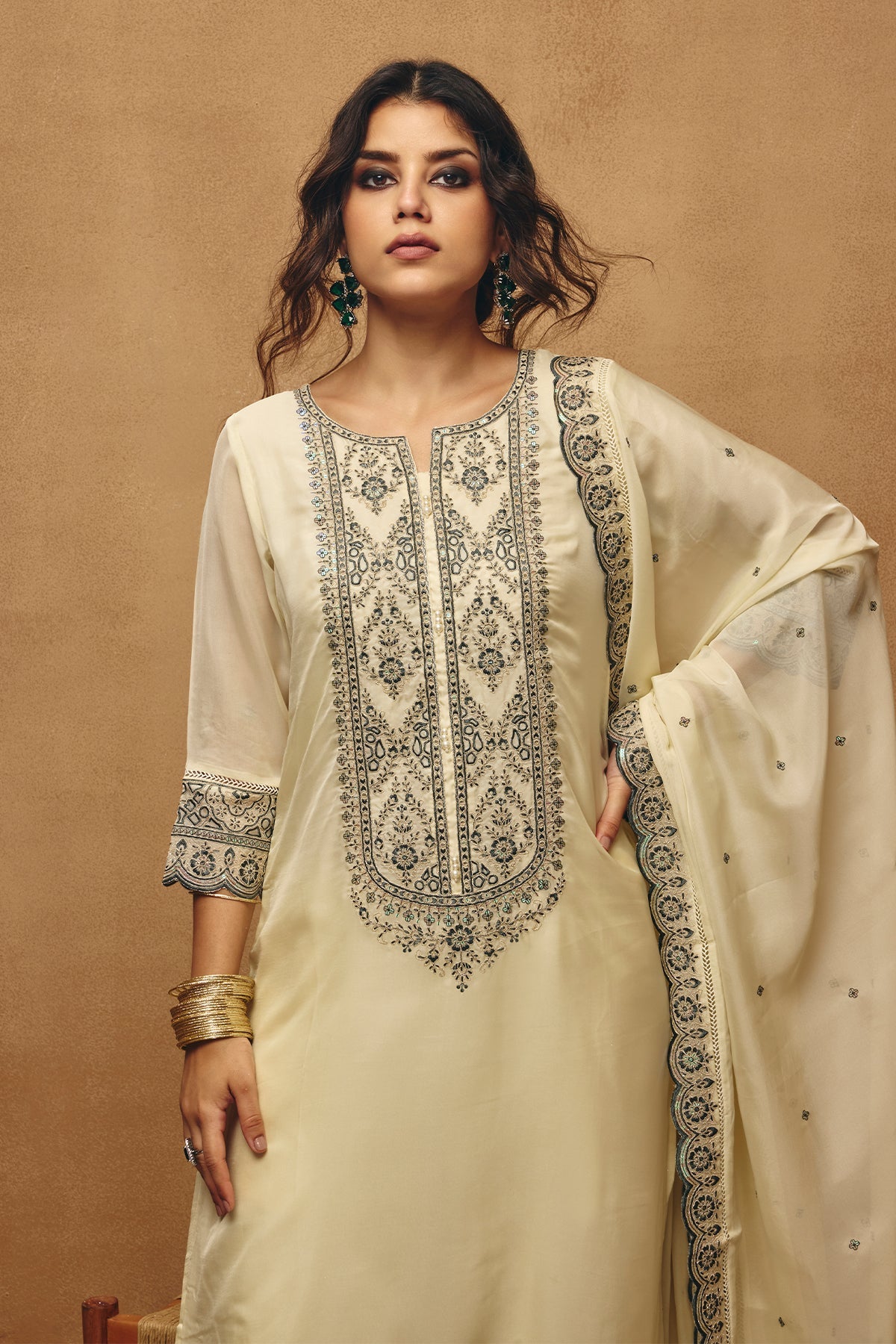 Cream Embroidered Kurta 3 Pcs Set