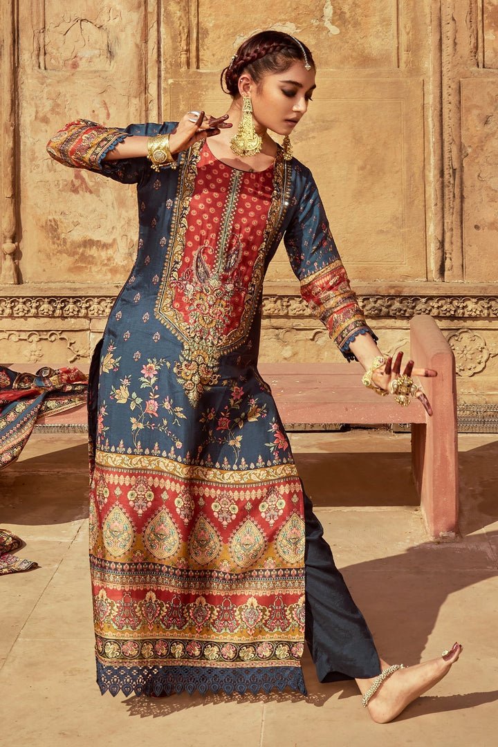 Blue Embellished Kurta 3 Pcs Set