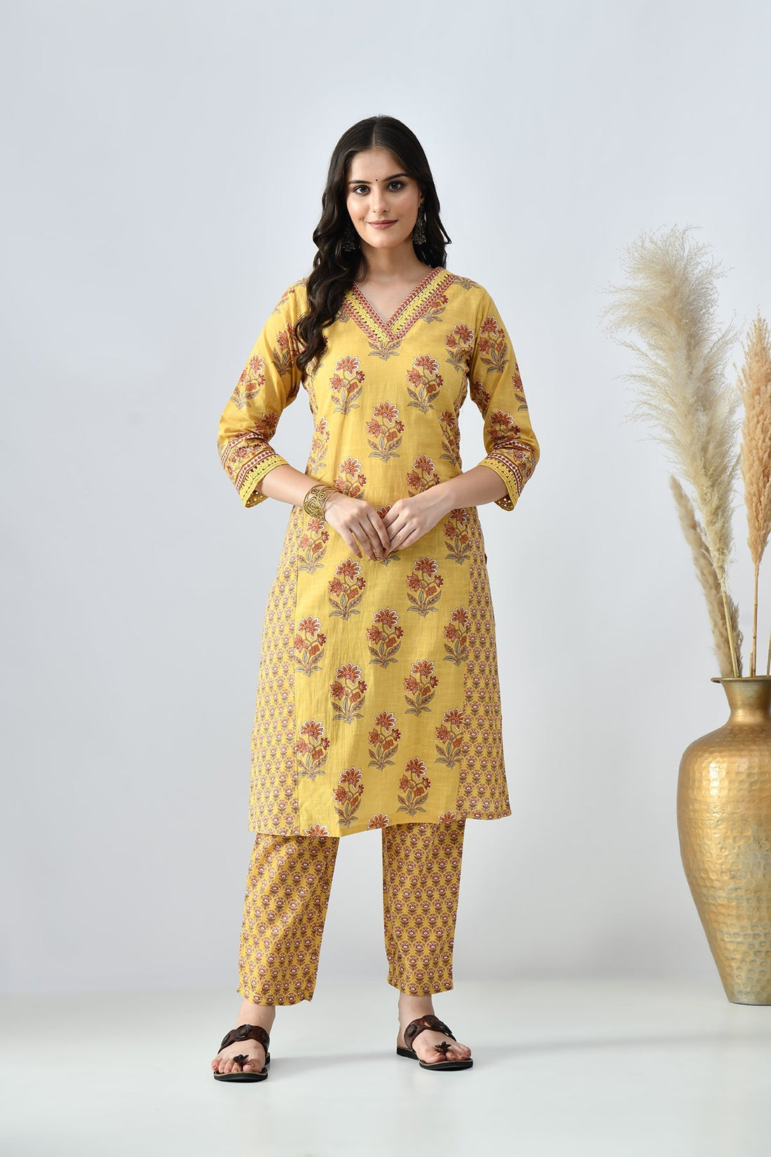 Mustard Printed Kurta 2 Pcs Set
