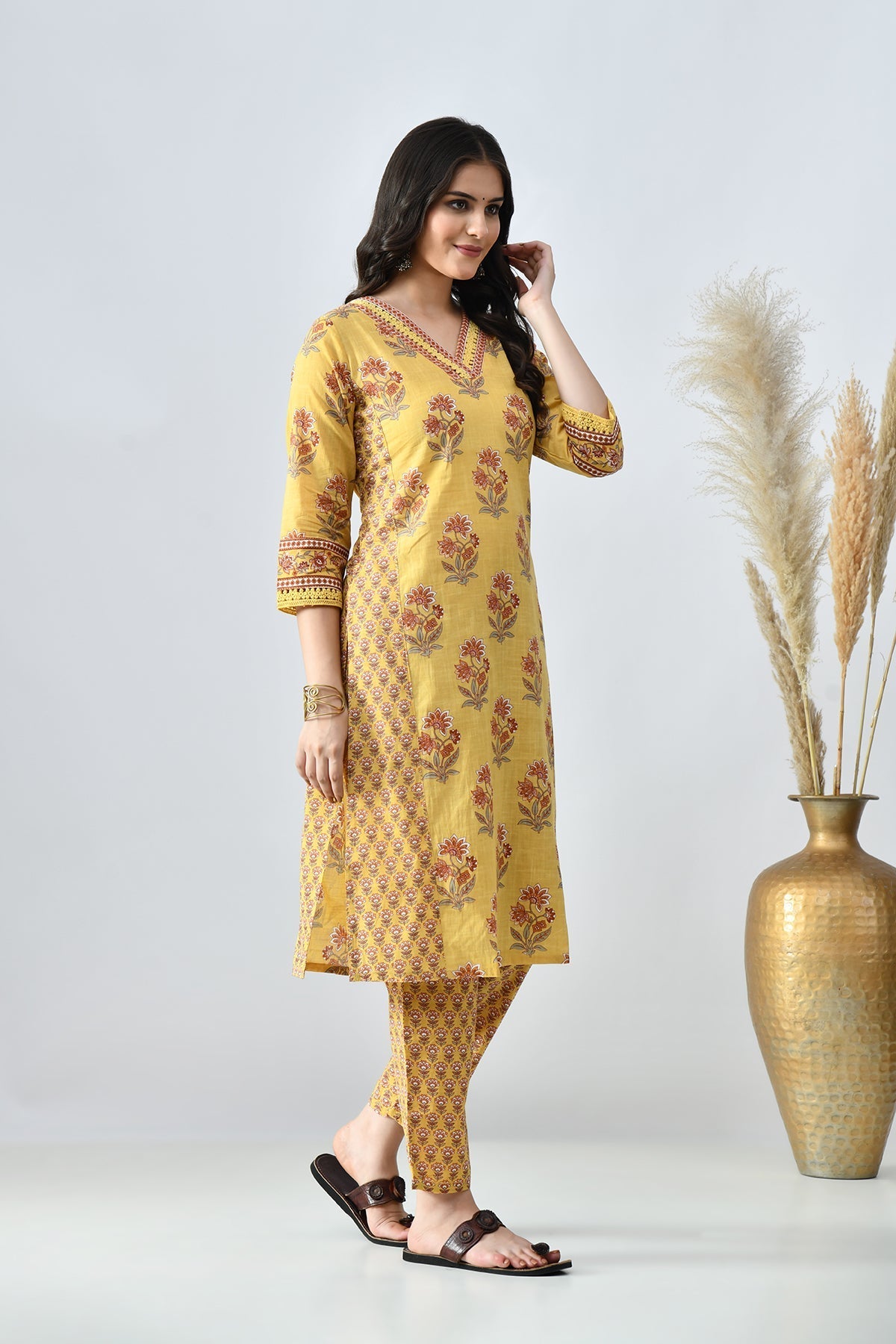 Mustard Printed Kurta 2 Pcs Set