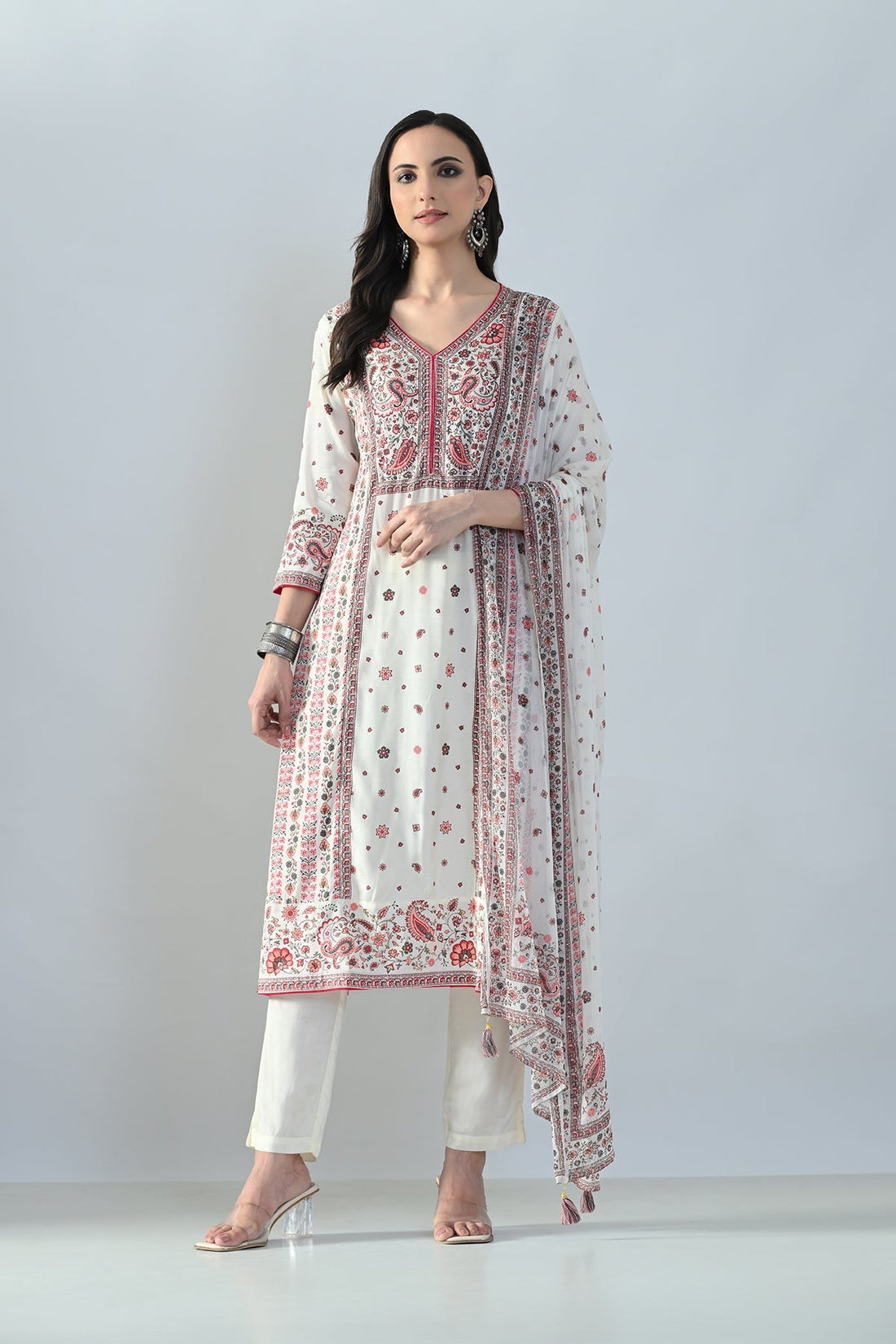 Cream Printed Kurta 3 Pcs Set