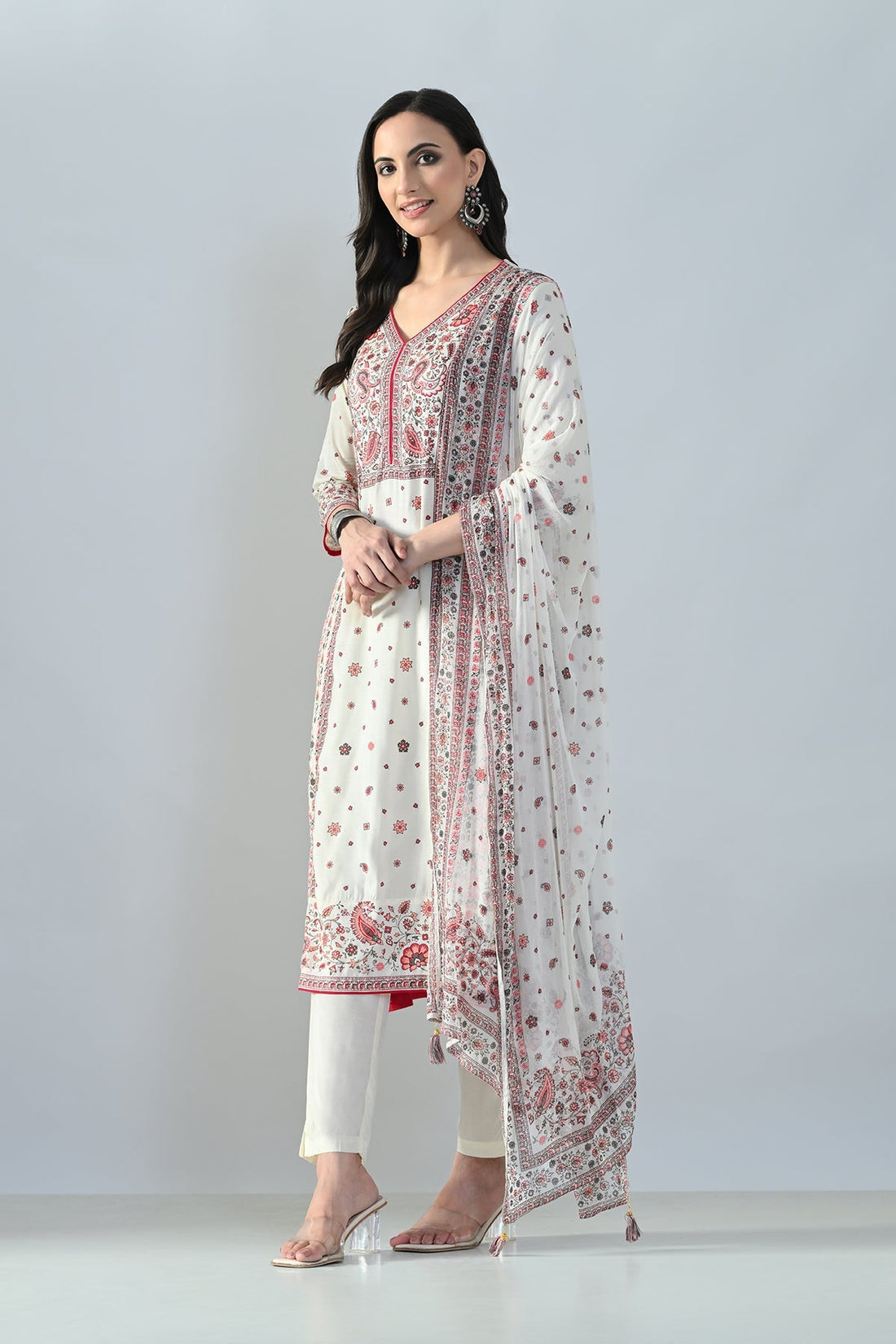 Cream Printed Kurta 3 Pcs Set
