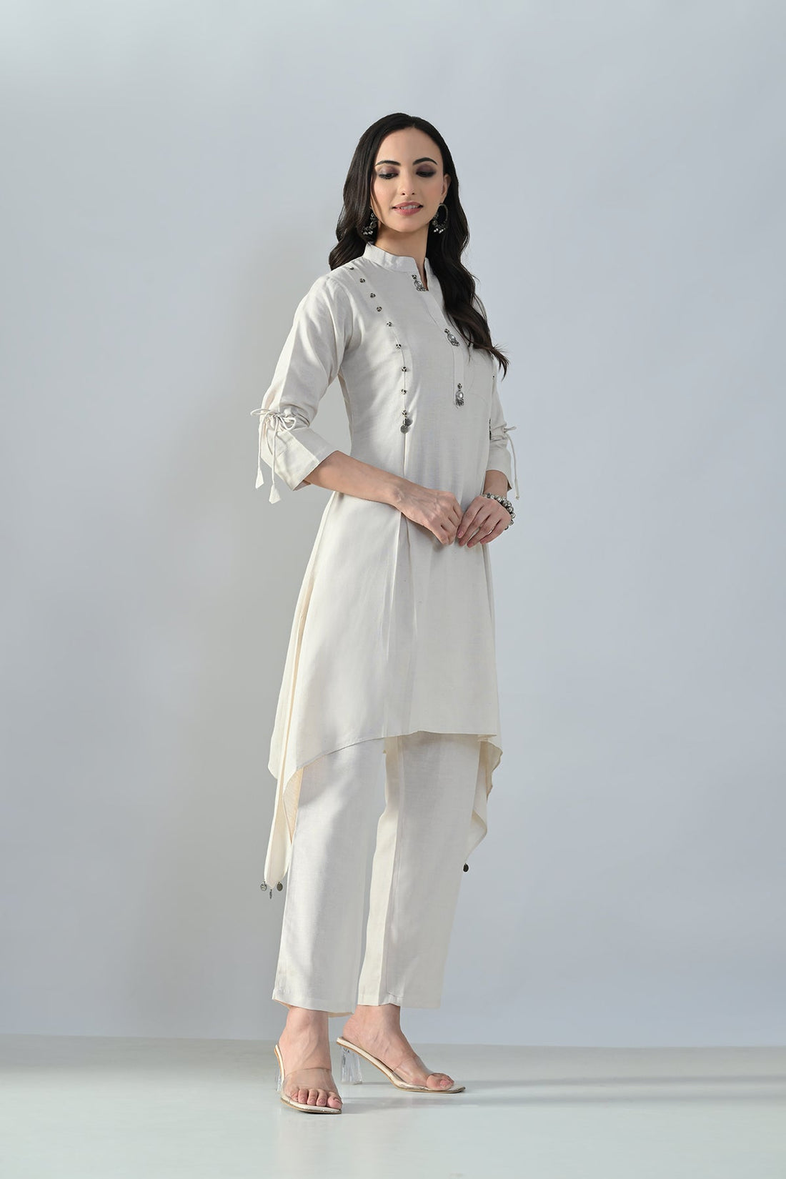 Cream Solid A-Line Kurta 2 Pcs Set