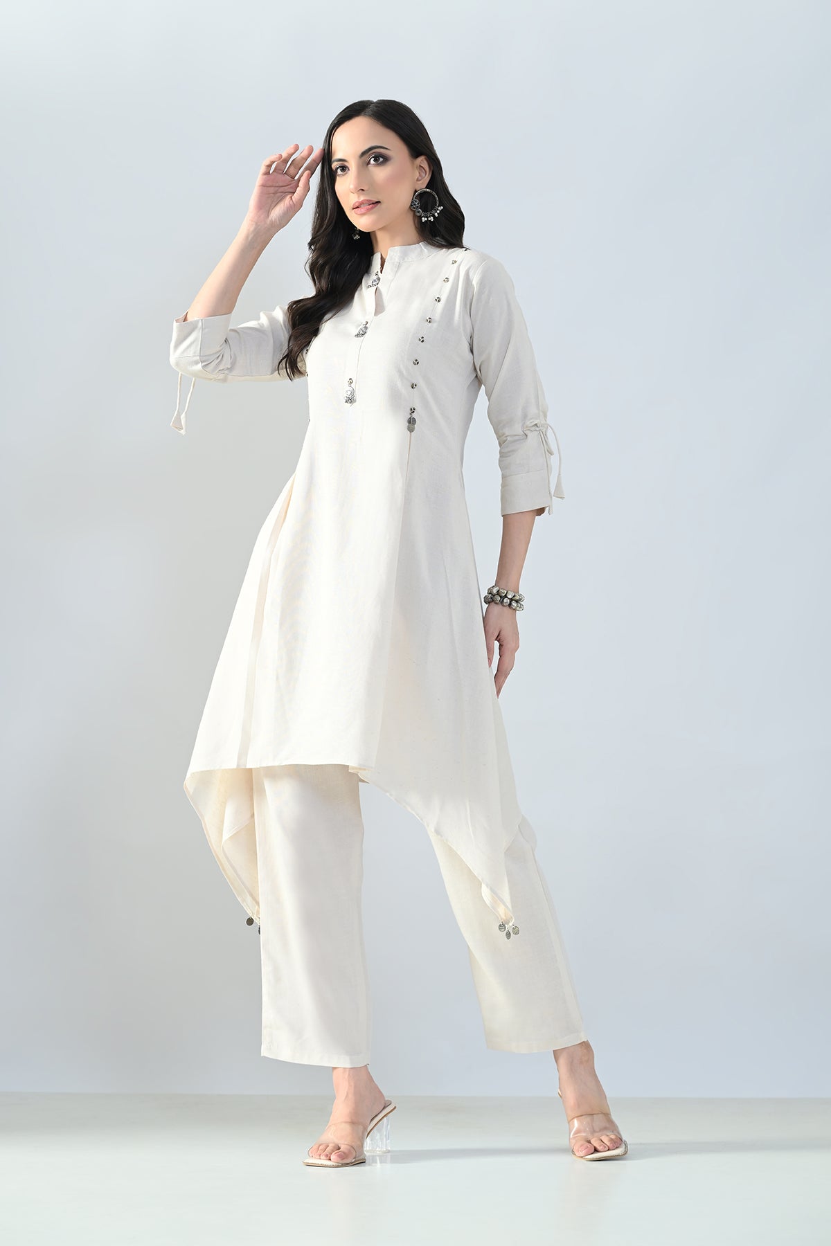 Cream Solid A-Line Kurta 2 Pcs Set