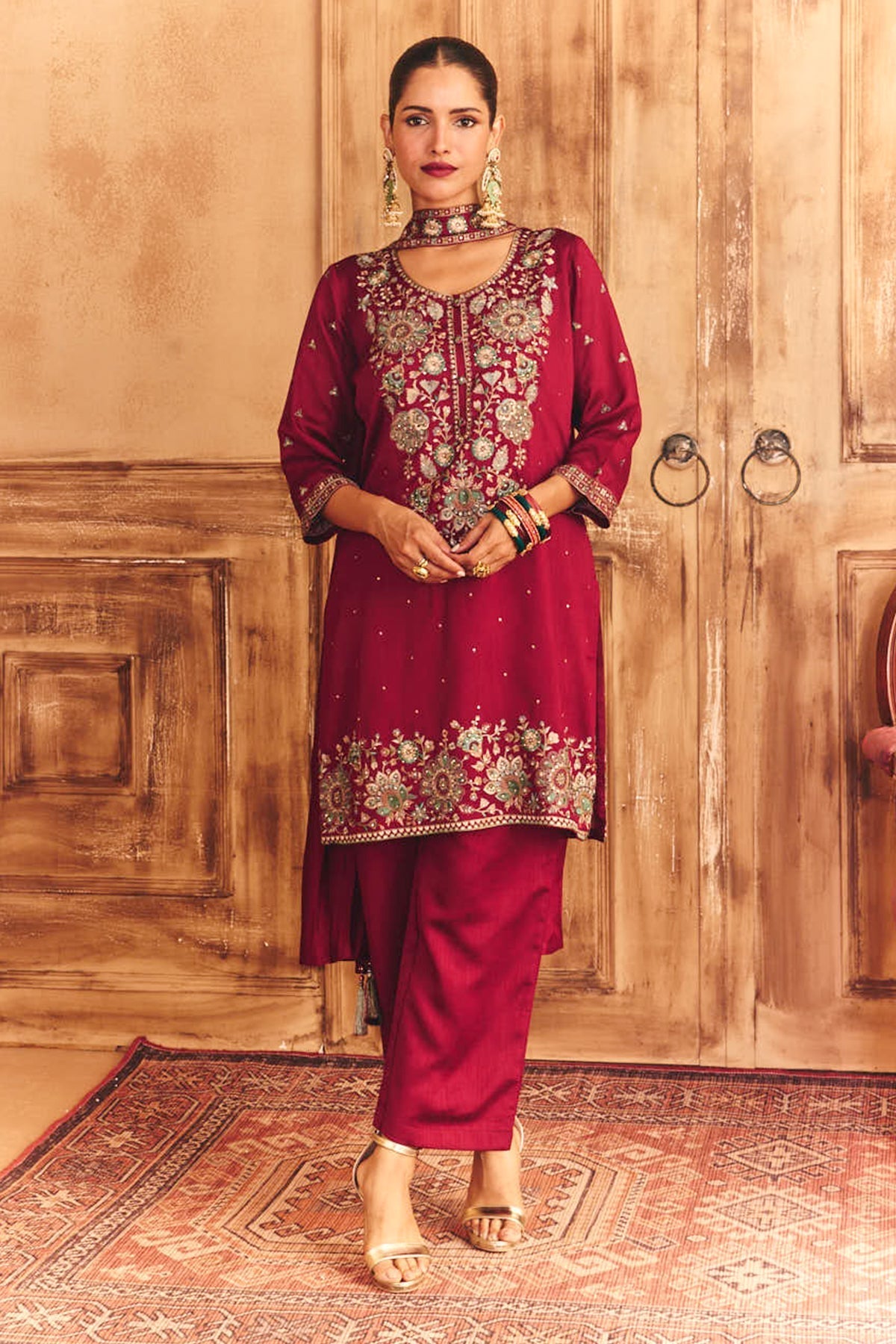 Wine Embroidered Kurta 3 Pcs Set