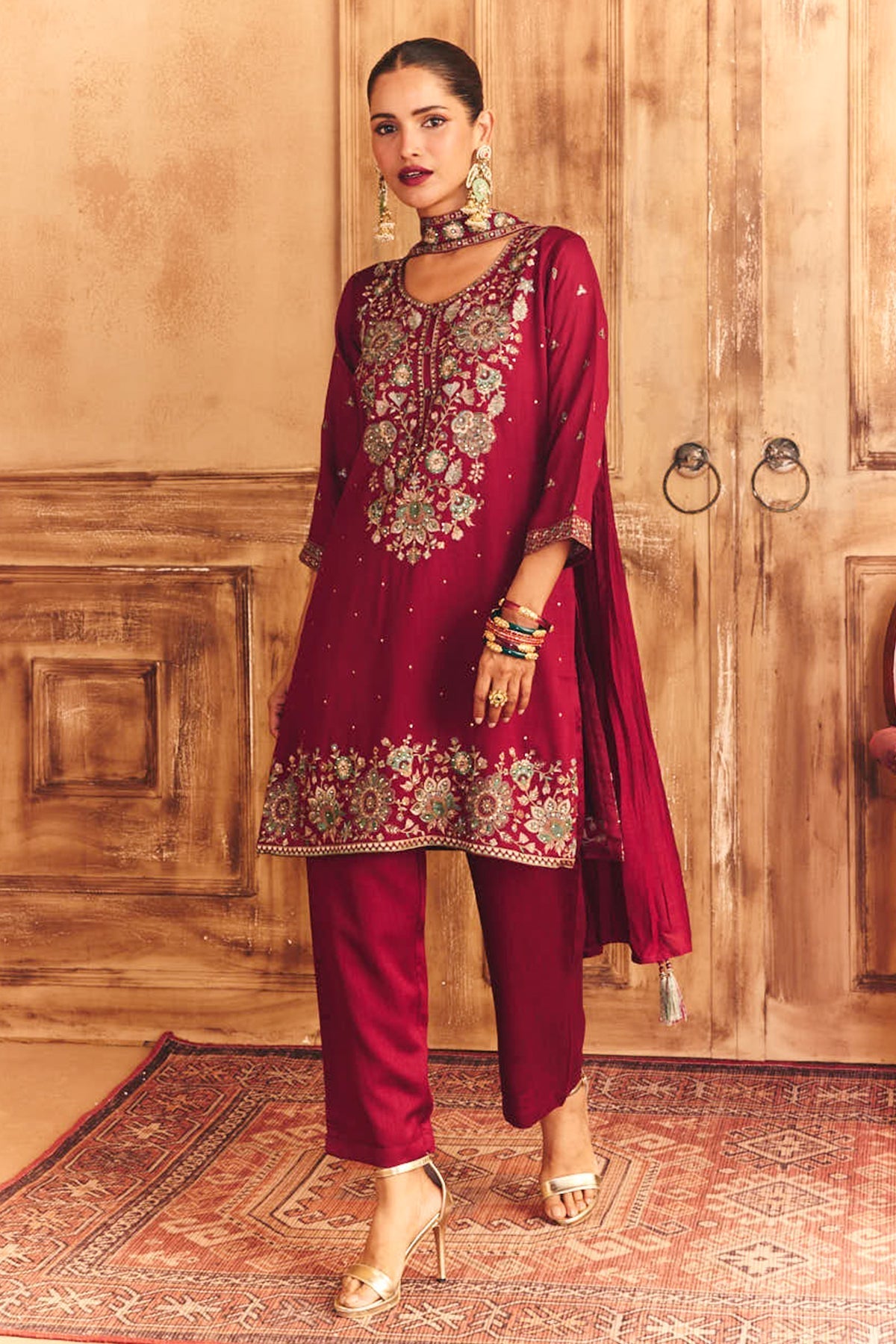Wine Embroidered Kurta 3 Pcs Set