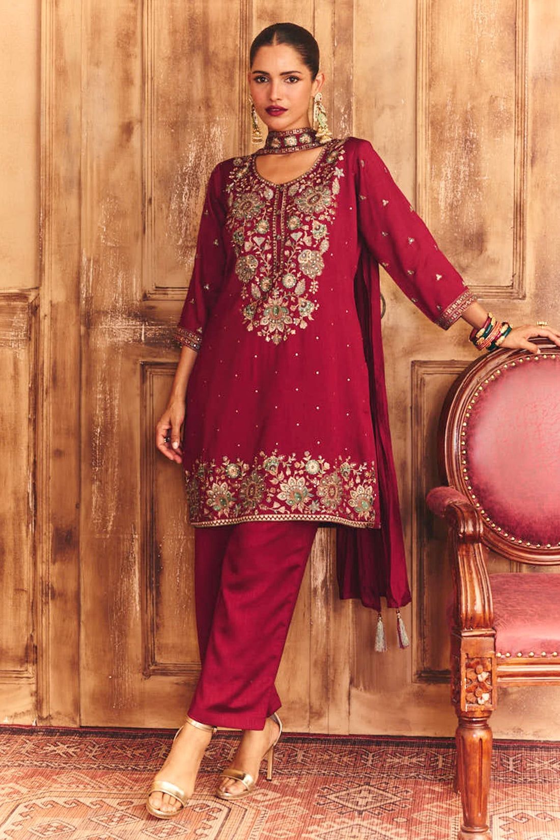 Wine Embroidered Kurta 3 Pcs Set