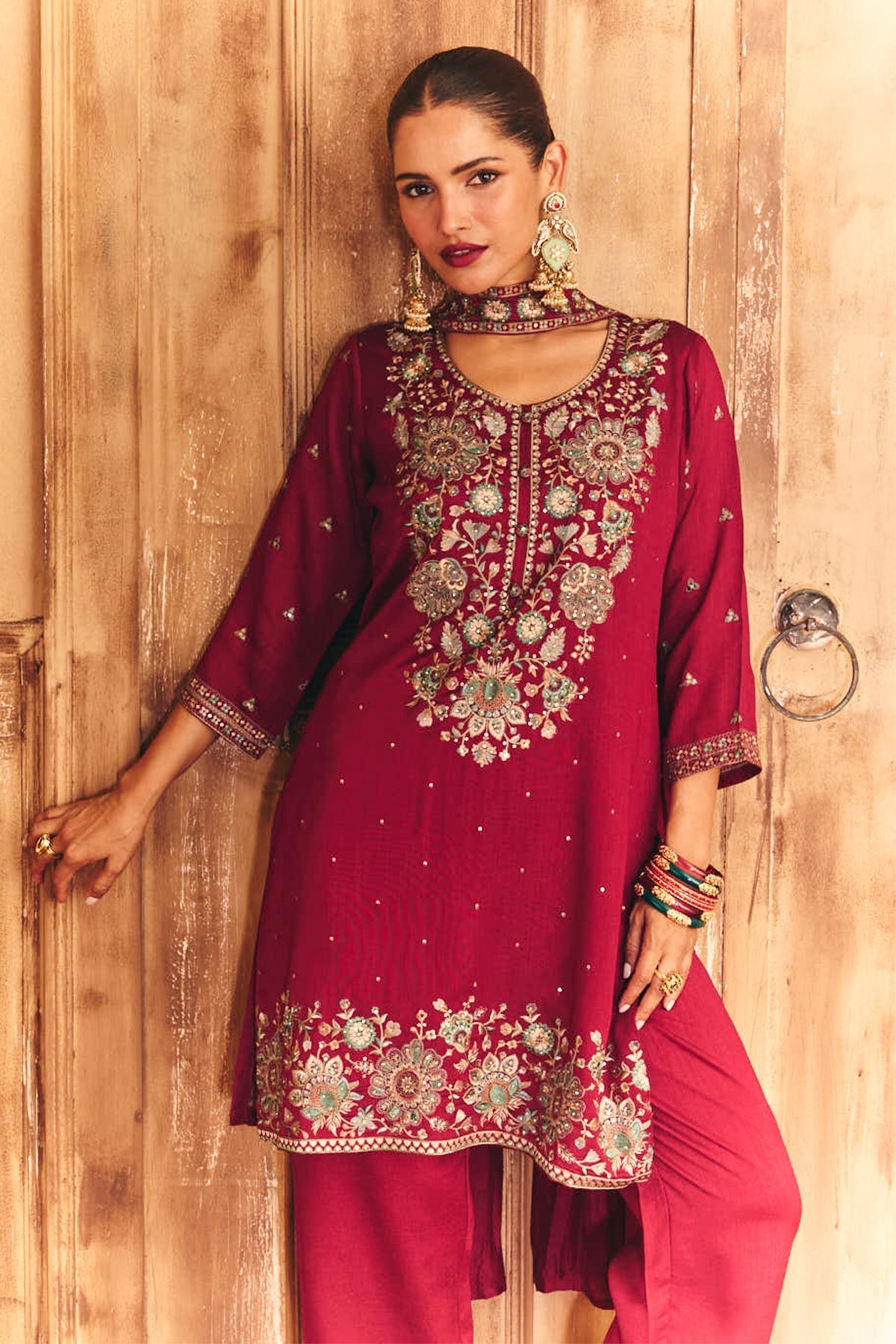 Wine Embroidered Kurta 3 Pcs Set