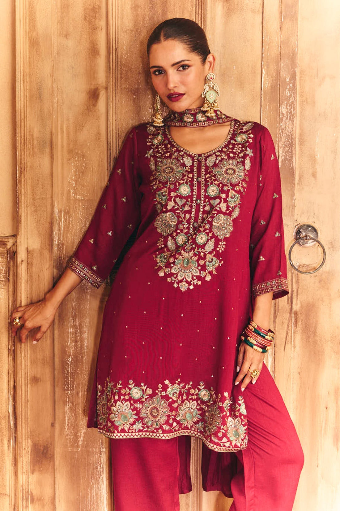 Wine Embroidered Kurta 3 Pcs Set