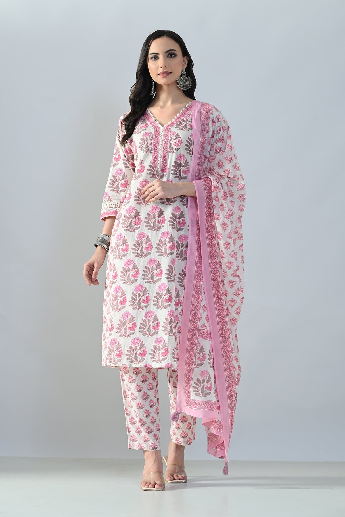 Cream Printed Kurta 3 Pcs Set