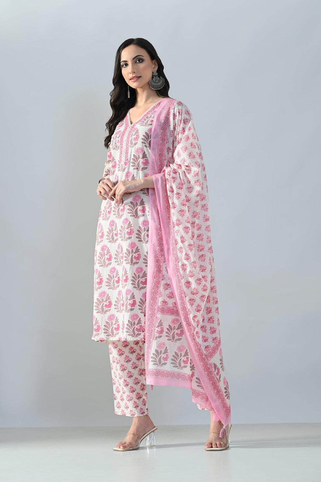 Cream Printed Kurta 3 Pcs Set