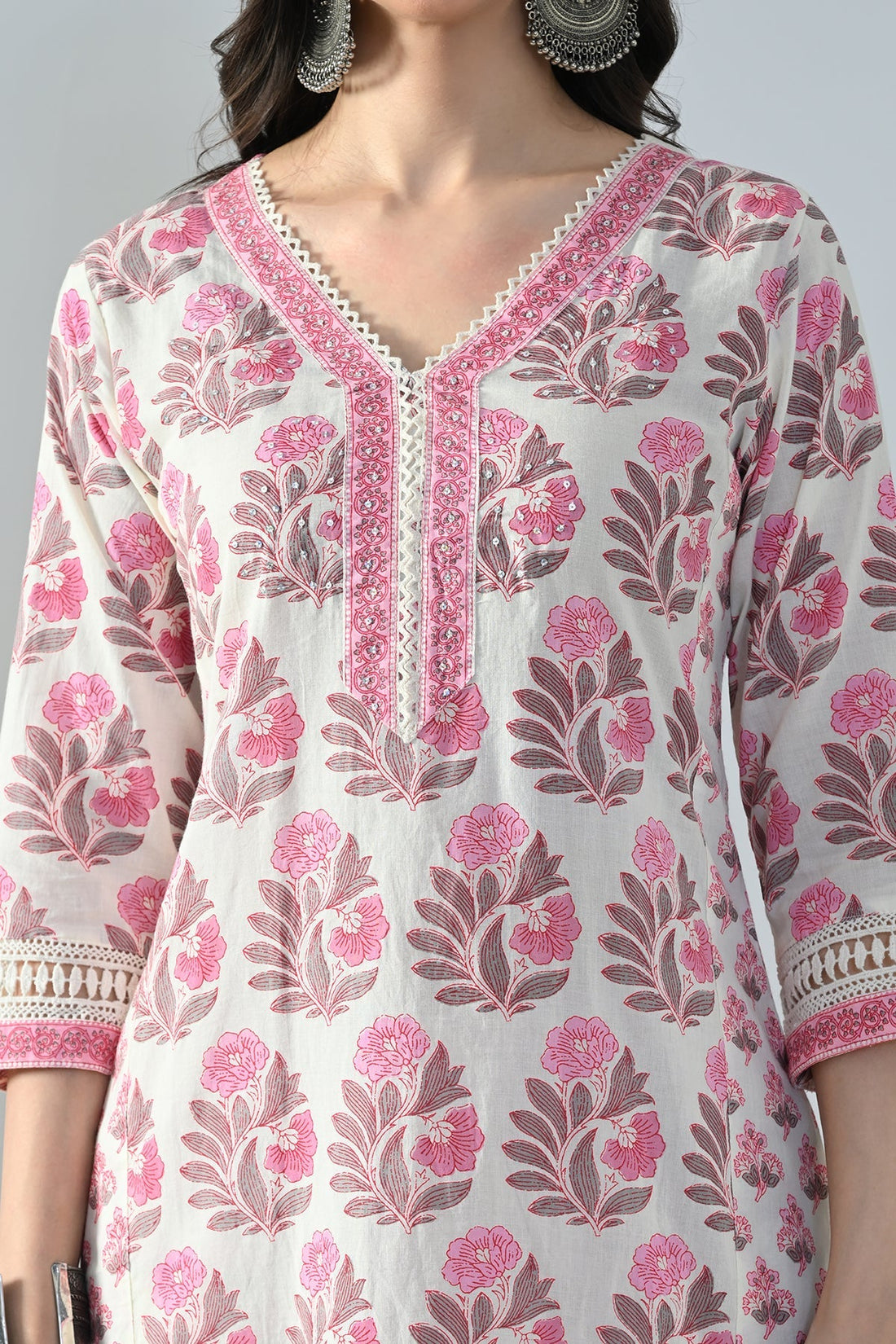 Cream Printed Kurta 3 Pcs Set