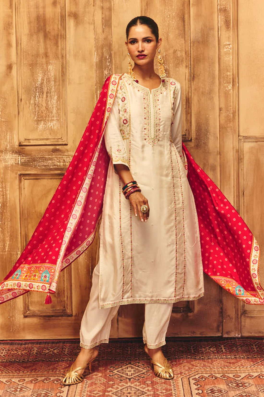 Cream Embroidered Kurta 3 Pcs Set