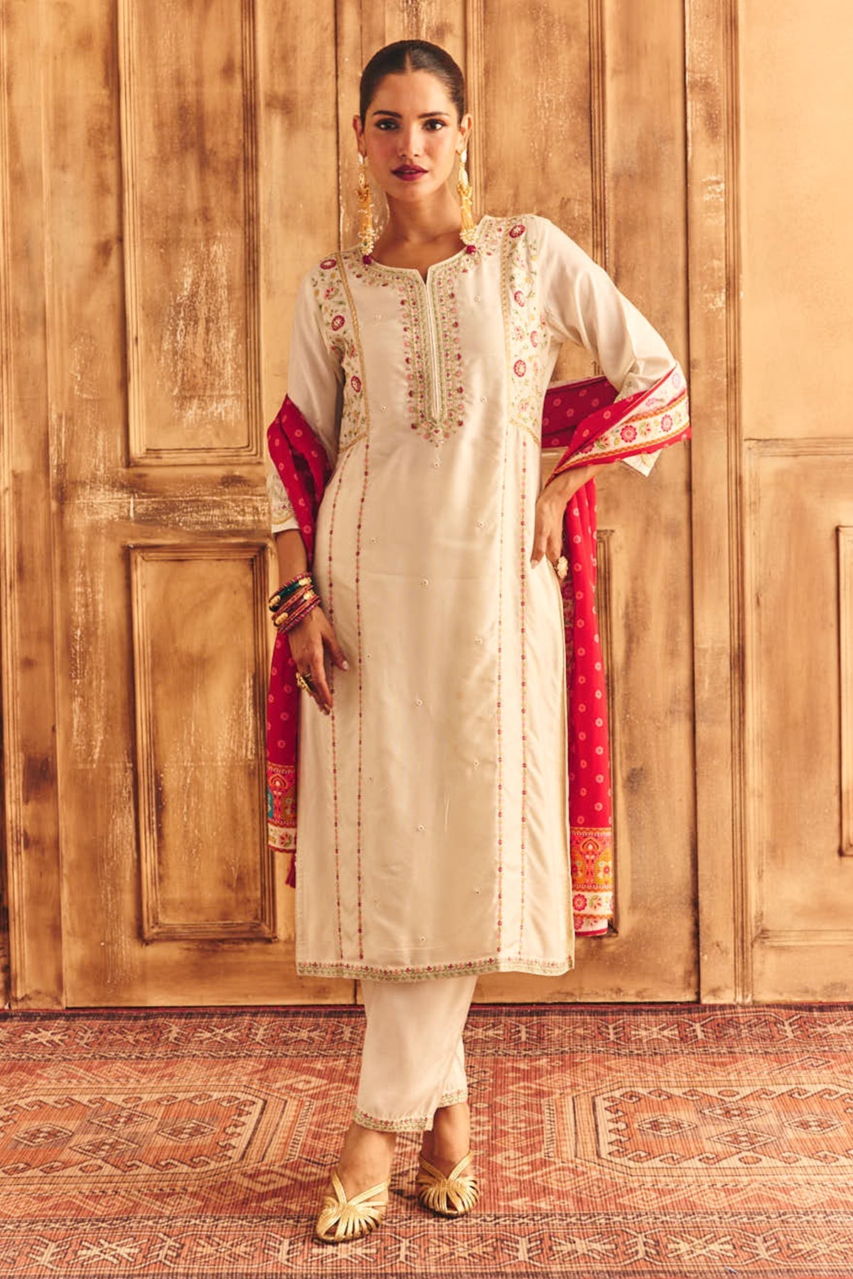 Cream Embroidered Kurta 3 Pcs Set