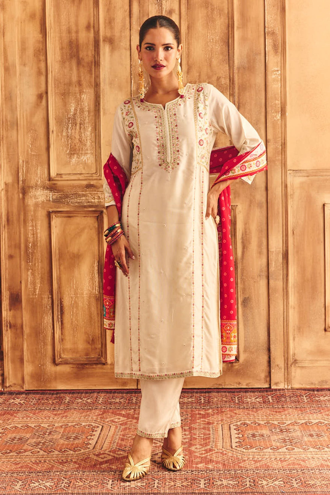 Cream Embroidered Kurta 3 Pcs Set