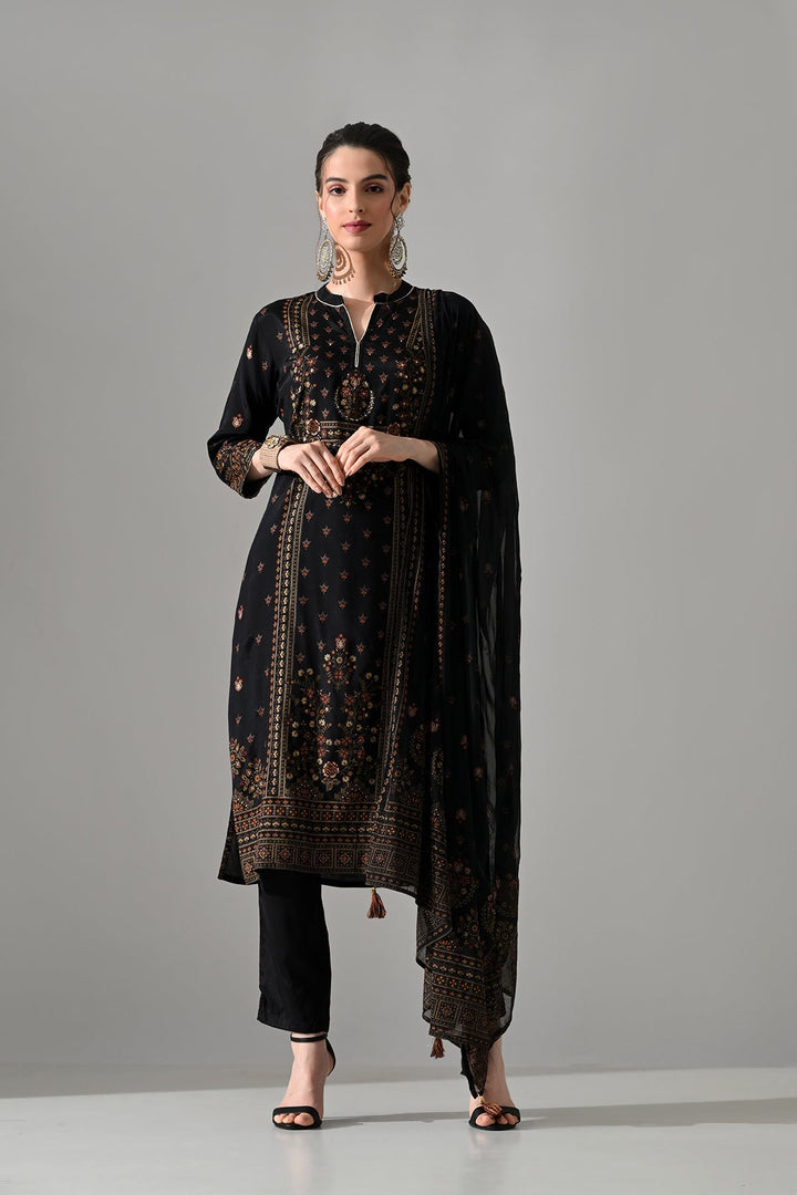 Black Printed Kurta 3 Pcs Set