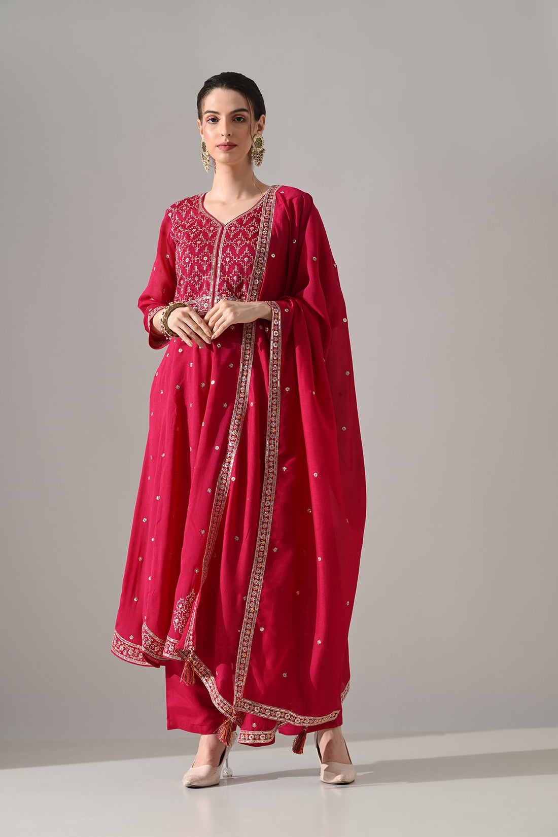Pink Zari Embroidered Kurta 3 Pcs Set