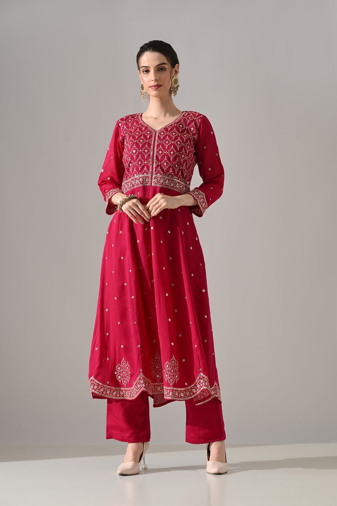 Pink Zari Embroidered Kurta 3 Pcs Set