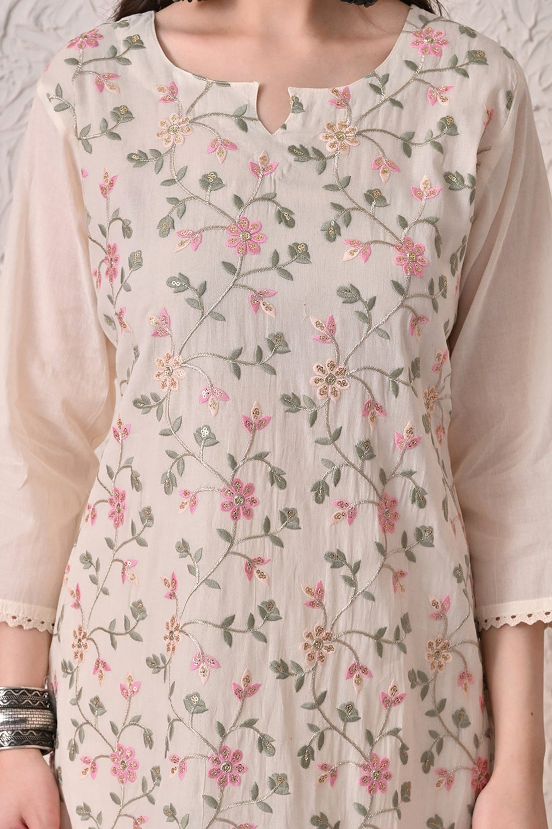 Cream Embroidered Kurta 3 Pcs Set
