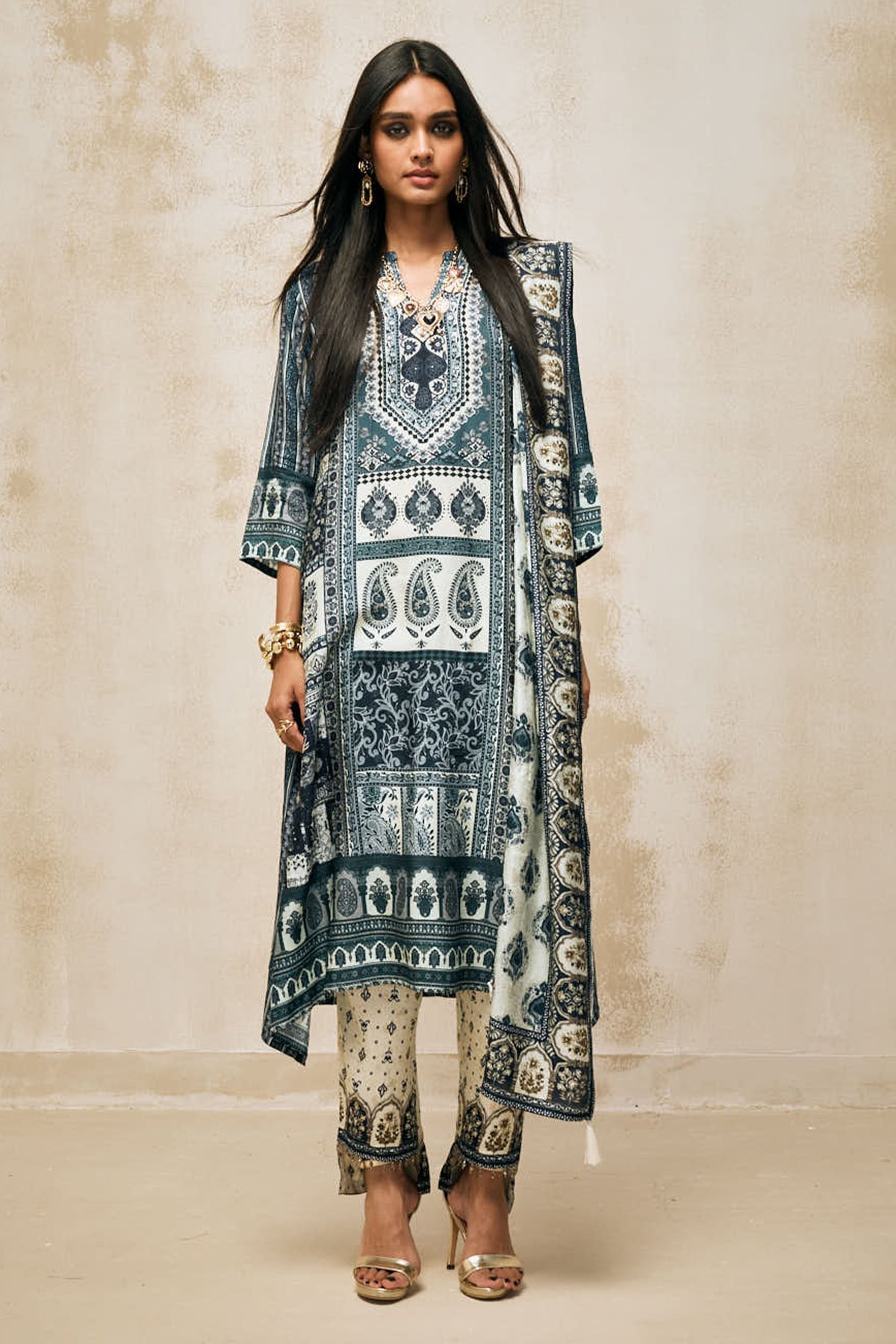 Blue Printed Kurta 3 Pcs Set