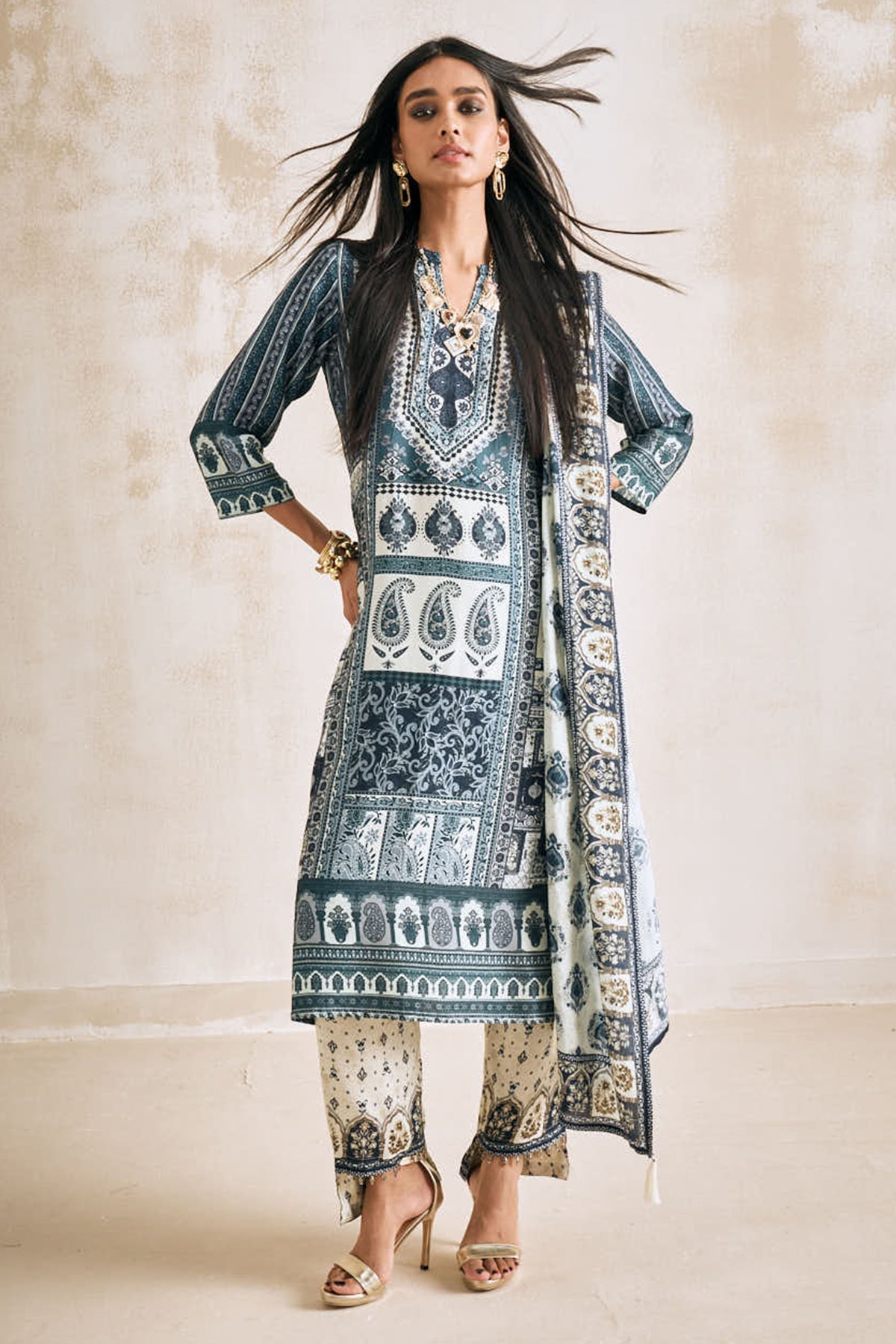 Blue Printed Kurta 3 Pcs Set