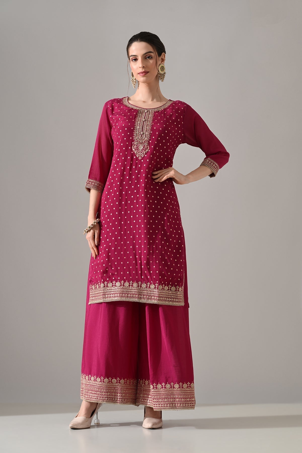 Magenta Printed Straight Kurta 3 Pcs Set
