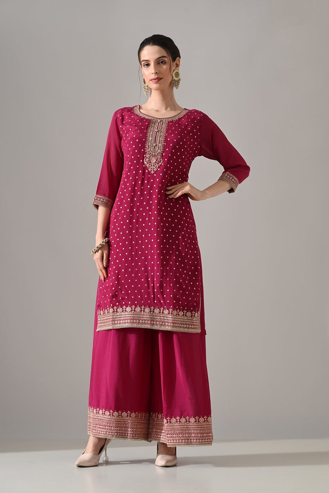 Magenta Printed Straight Kurta 3 Pcs Set