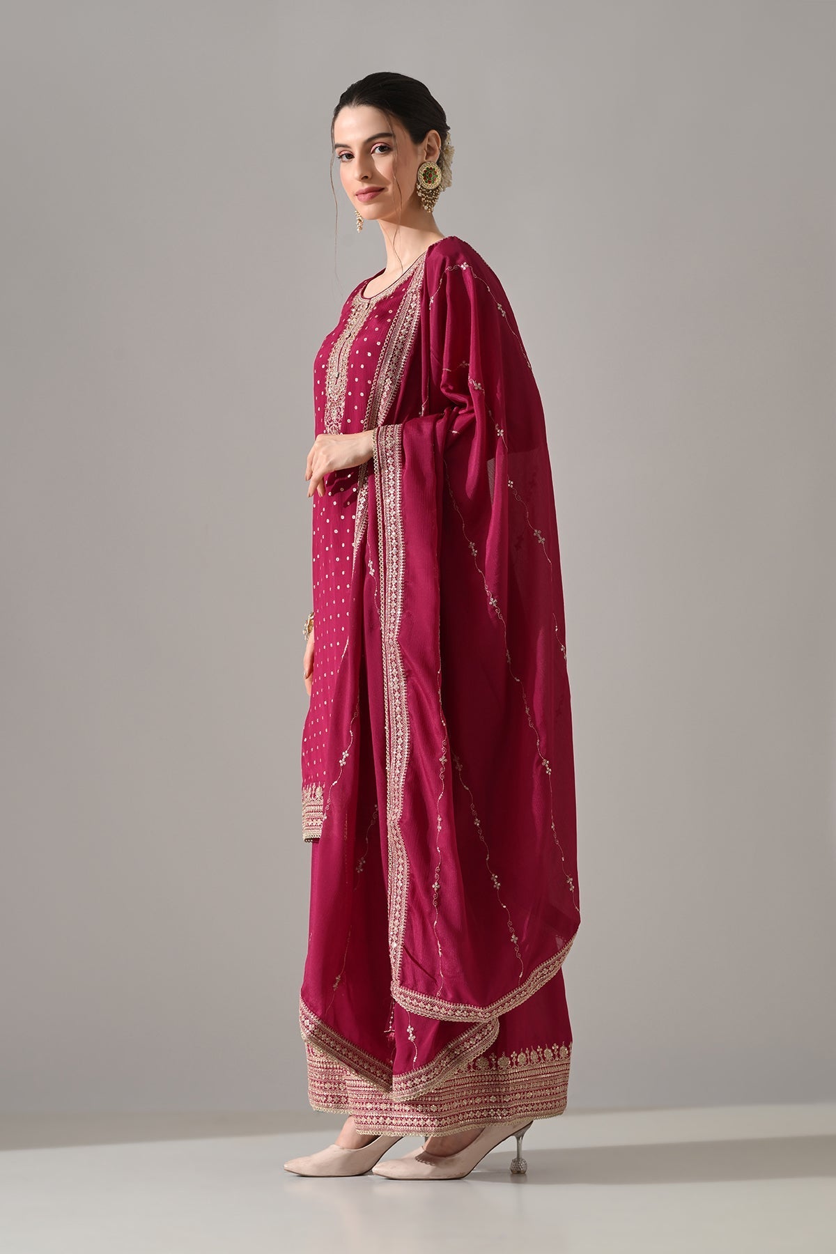 Magenta Printed Straight Kurta 3 Pcs Set