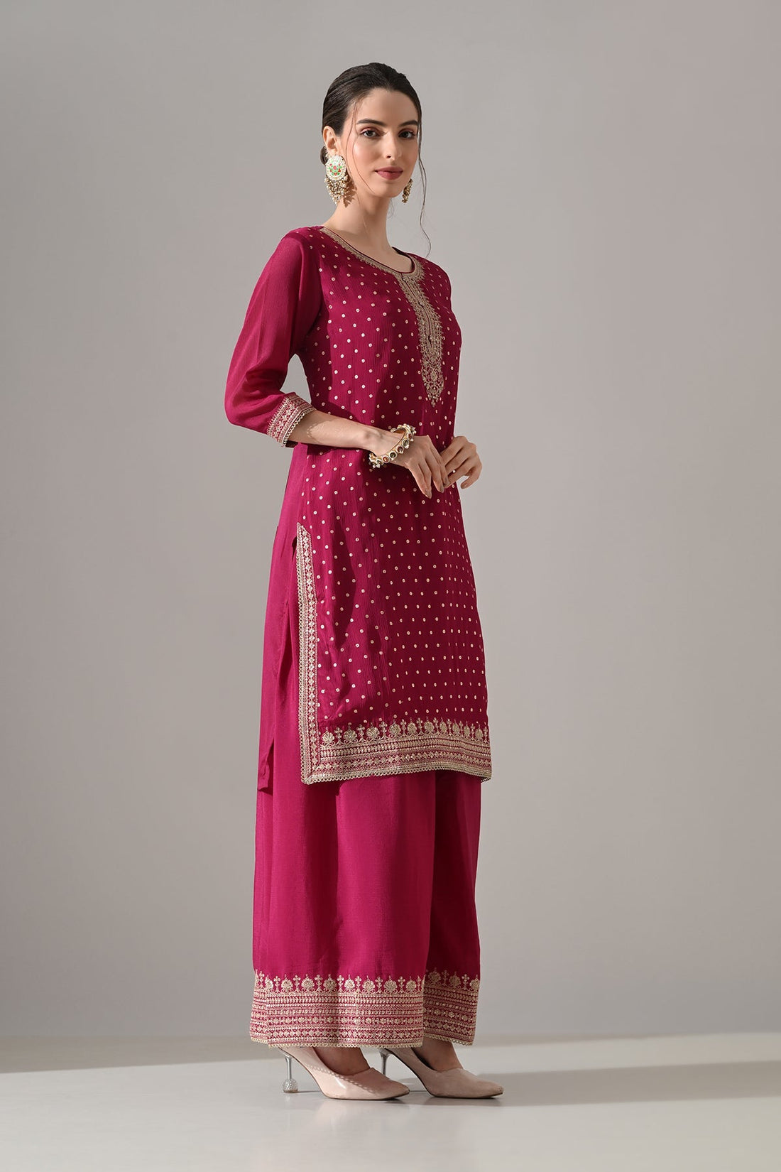 Magenta Printed Straight Kurta 3 Pcs Set