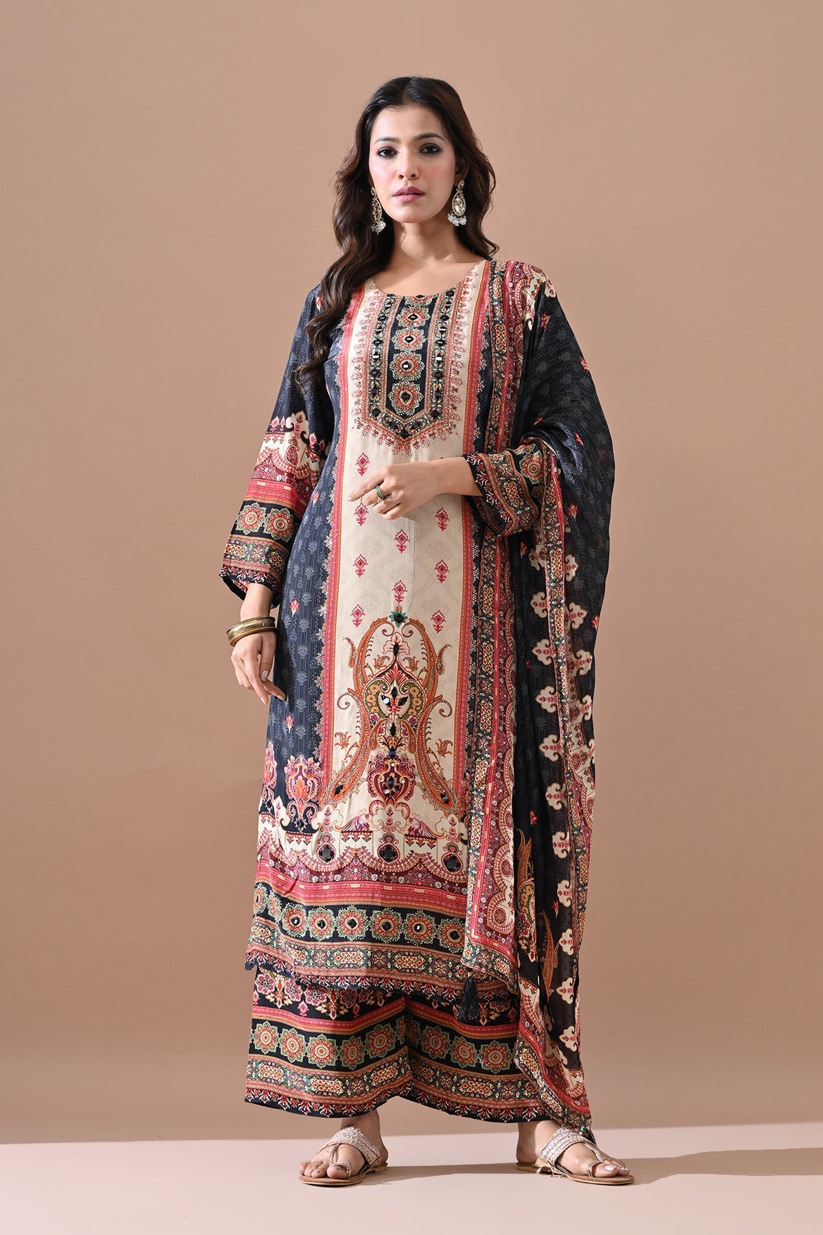 Black Stone Embellished Kurta 3 Pcs Set