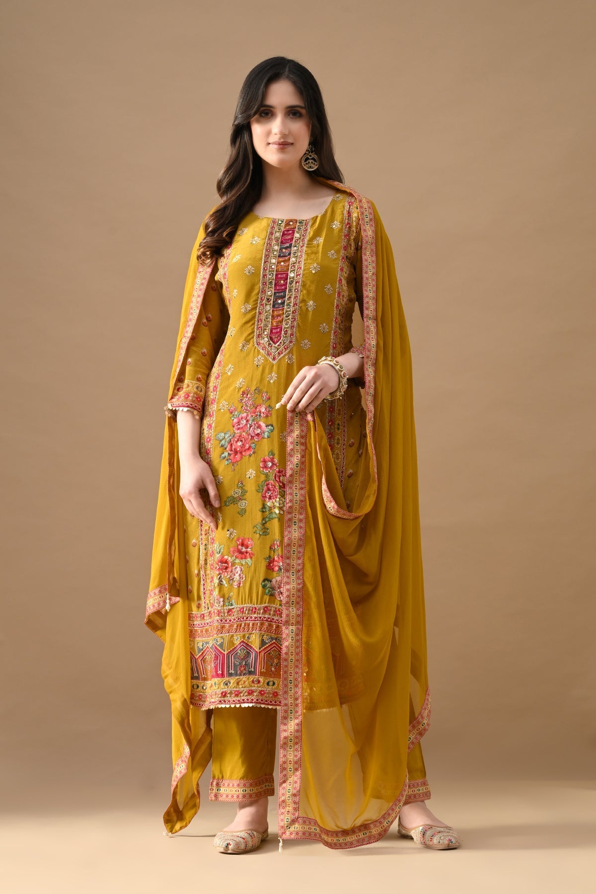 Yellow Embroidered Kurta 3 Pcs Set