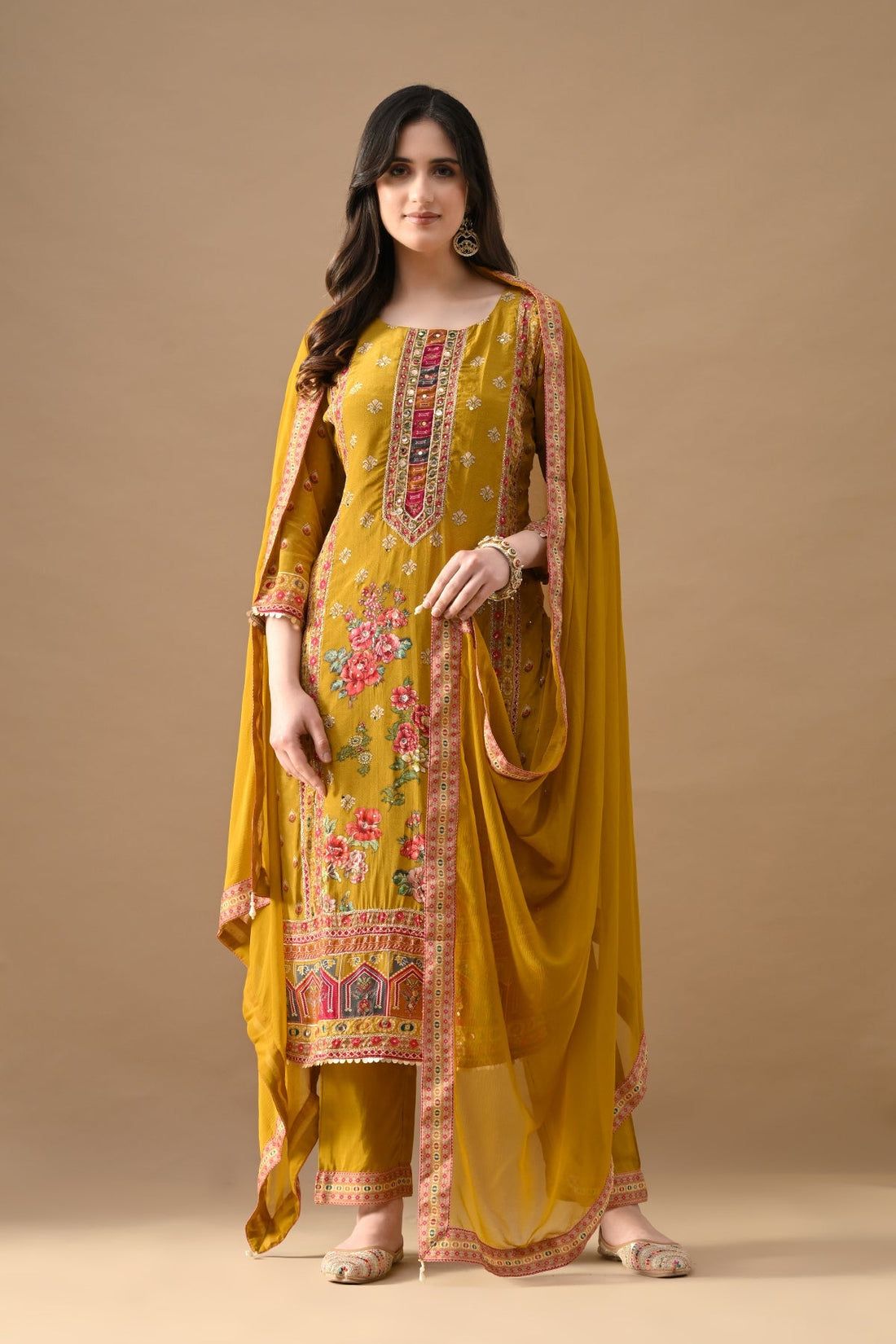 Yellow Embroidered Kurta 3 Pcs Set