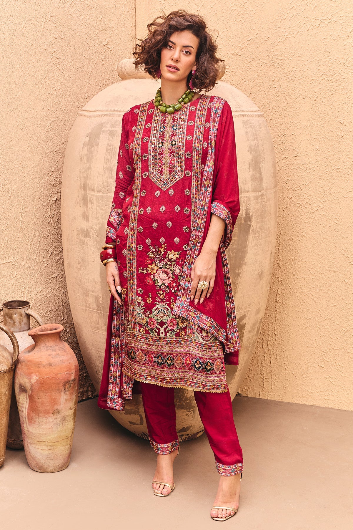Pink Floral Printed Kurta 3 Pcs Set