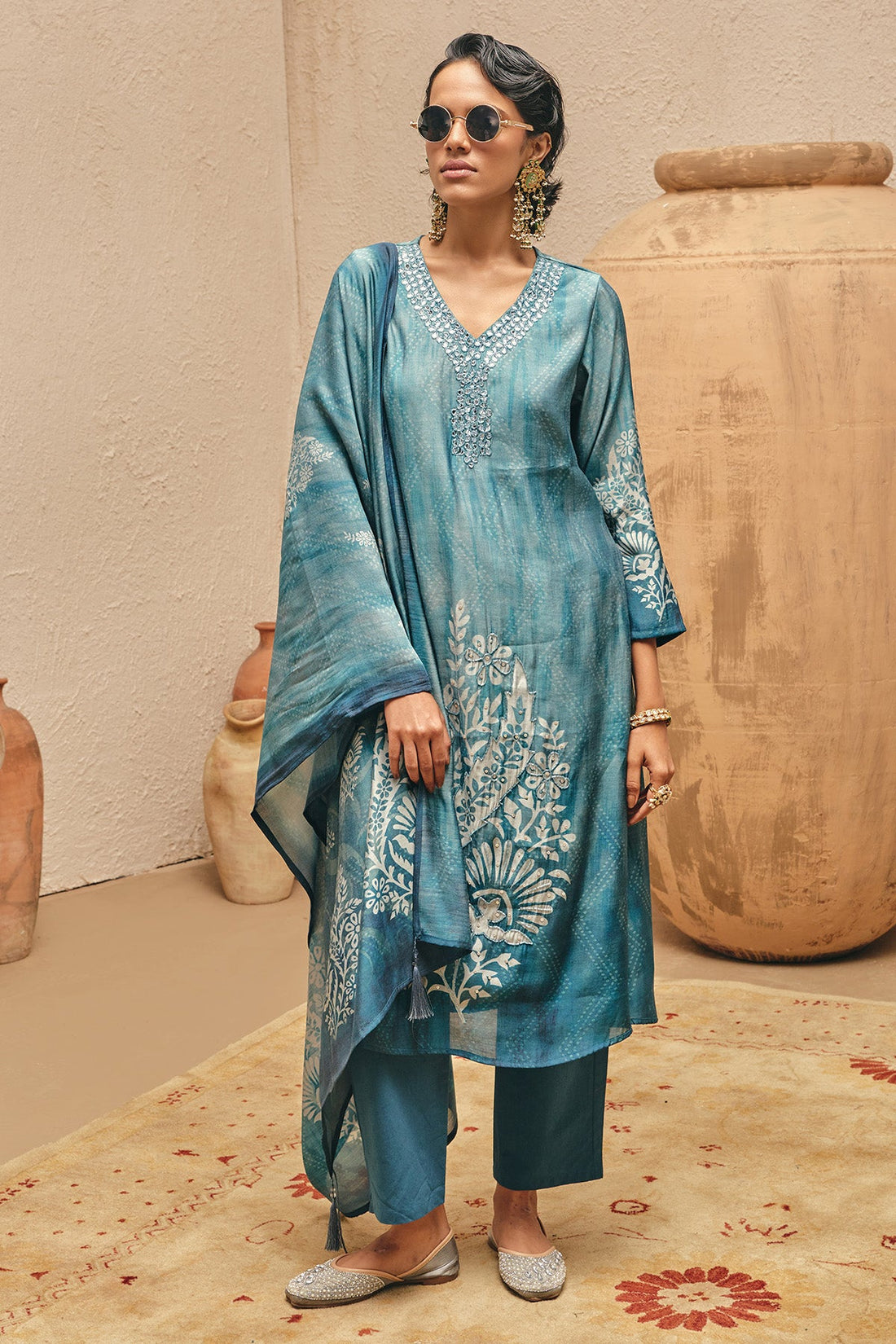 Blue Stone Embellished Kurta 3 Pcs Set