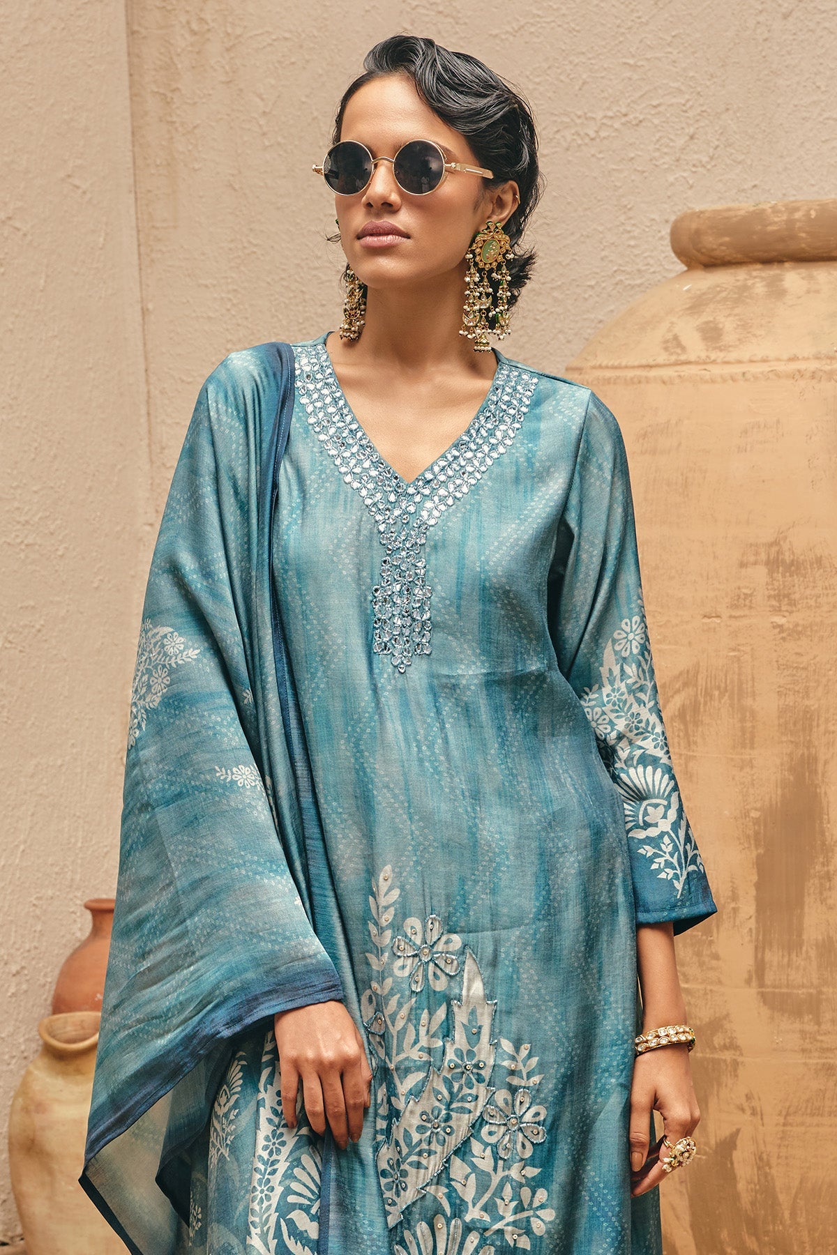Blue Stone Embellished Kurta 3 Pcs Set
