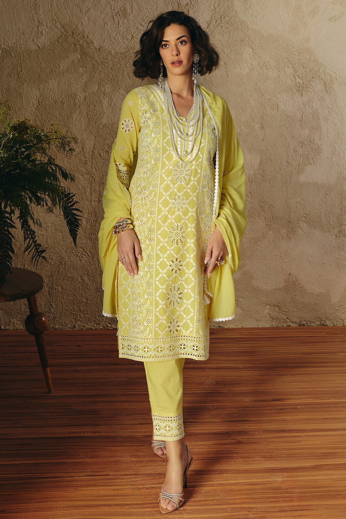 Yellow Embroidered Kurta 3 Pcs Set