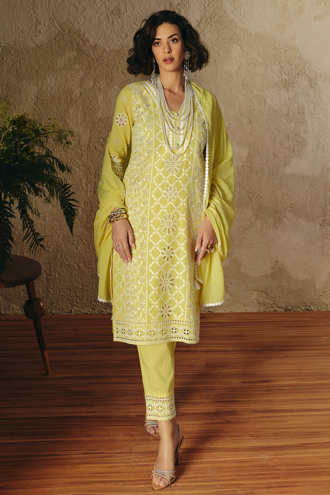Yellow Embroidered Kurta 3 Pcs Set