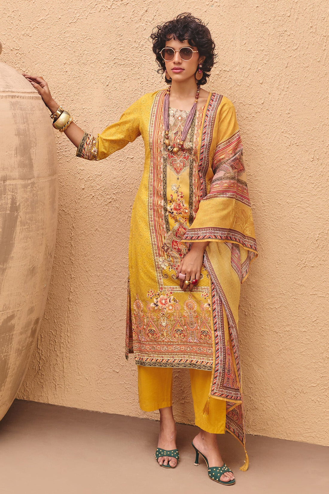 Yellow Printed Embroidered kurta 3 Pcs Set