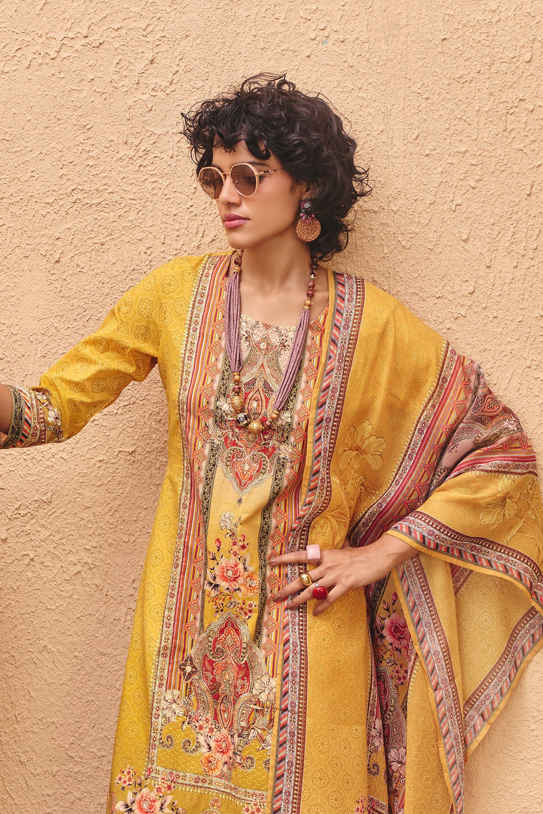 Yellow Printed Embroidered kurta 3 Pcs Set