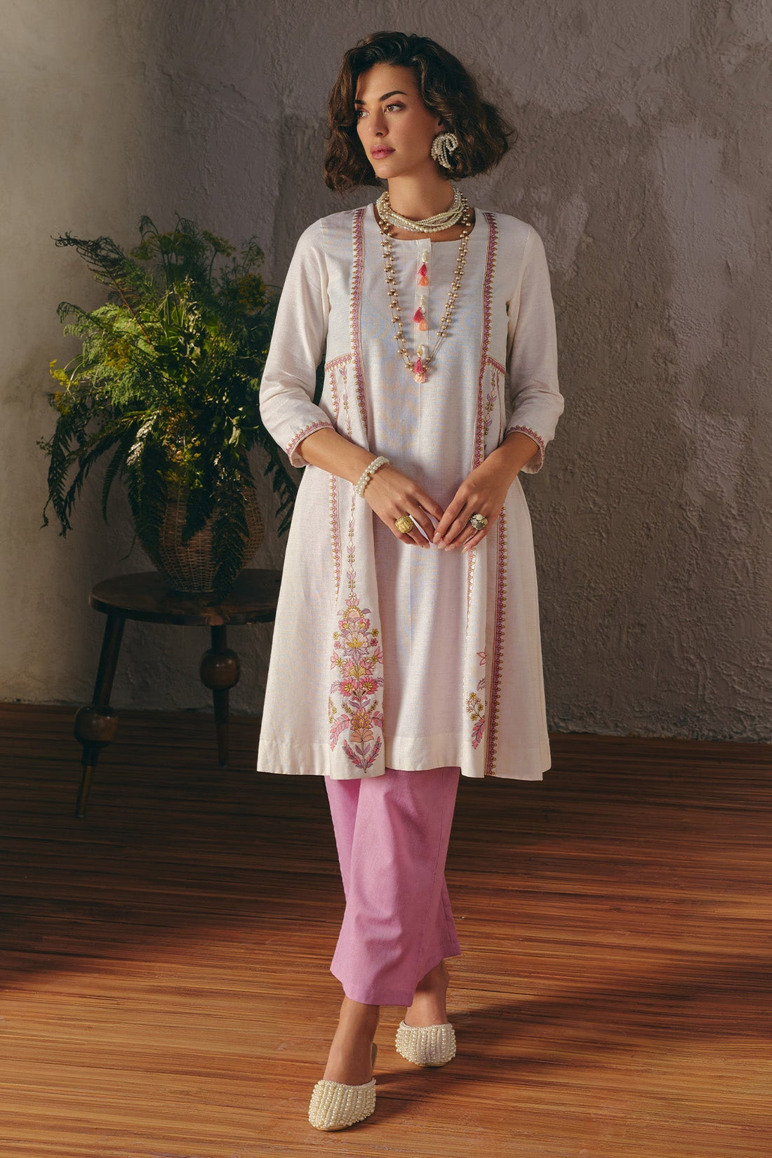 Cream Embroidered Kurta 2 Pcs Set