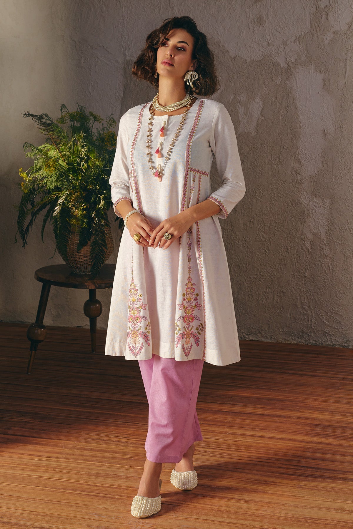 Cream Embroidered Kurta 2 Pcs Set