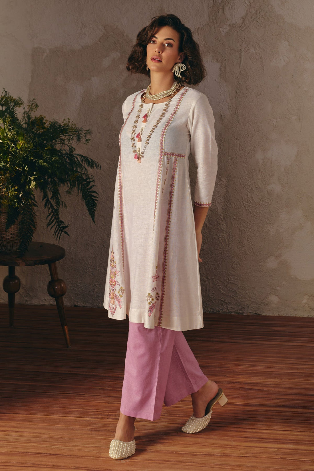 Cream Embroidered Kurta 2 Pcs Set