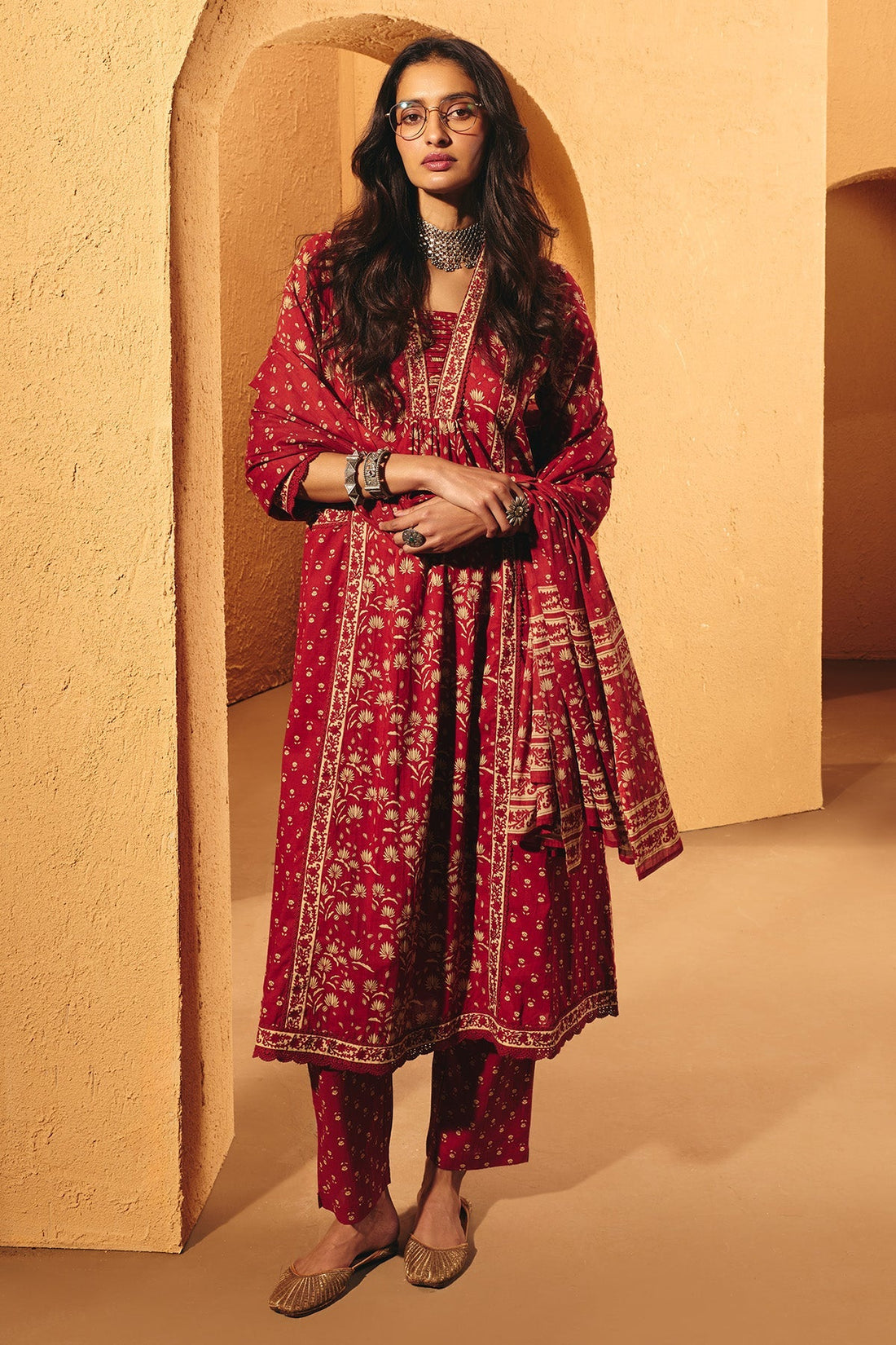 Rust Printed Flared Kurta 3 Pcs Set