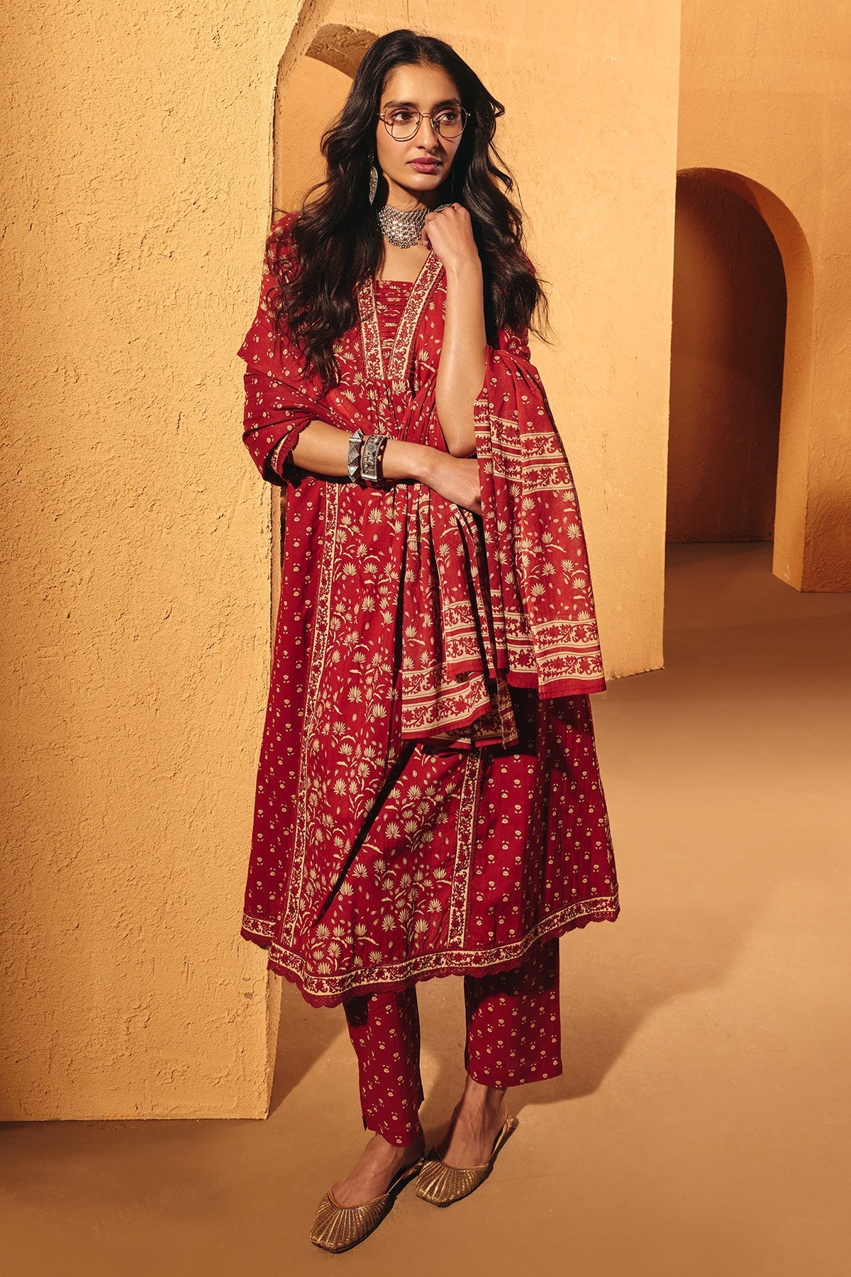 Rust Printed Flared Kurta 3 Pcs Set
