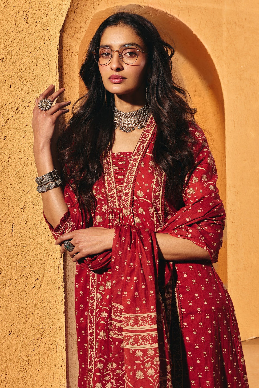 Rust Printed Flared Kurta 3 Pcs Set