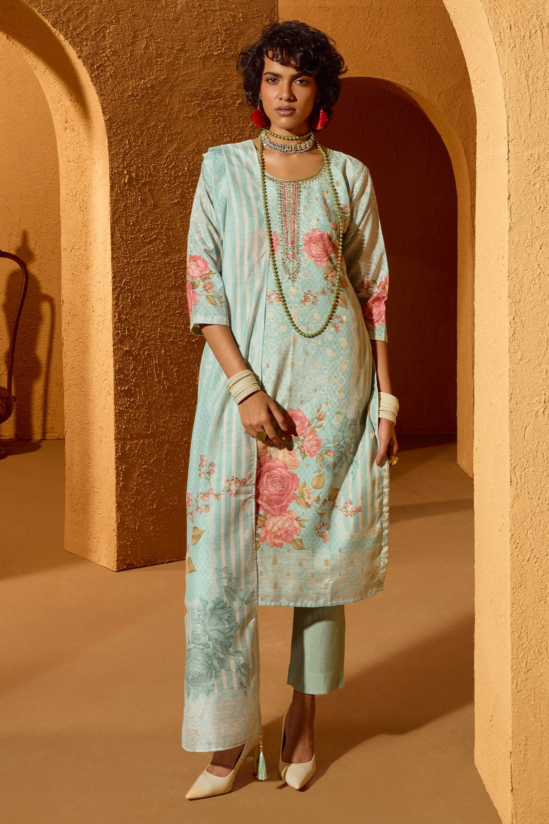Green Printed Embellished Kurta 3 Pcs Set